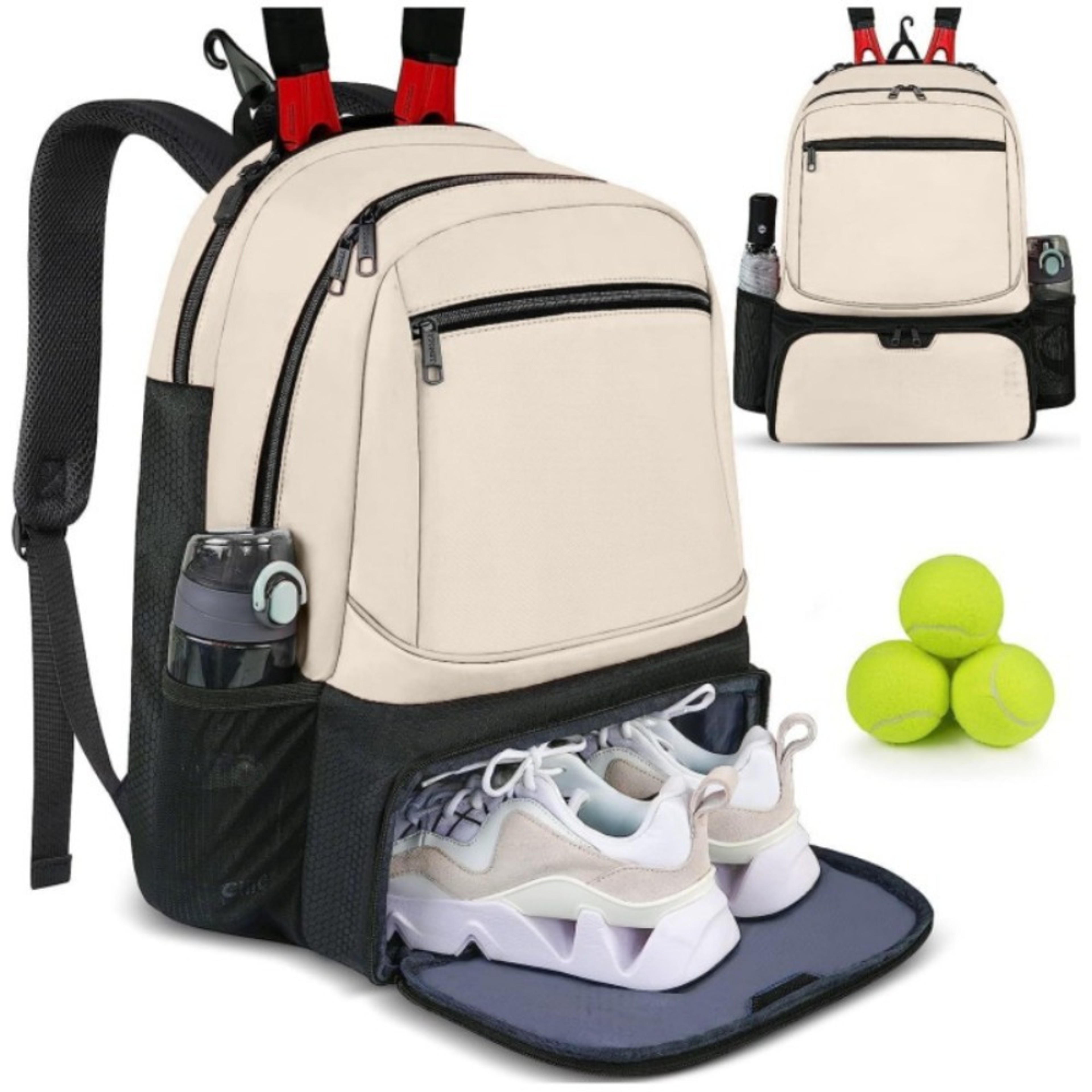 Durable Zipper Closure Tennis Backpack, Large Capacity, Reversible Tennis Racket Bag with Shoe Pocket – view 9