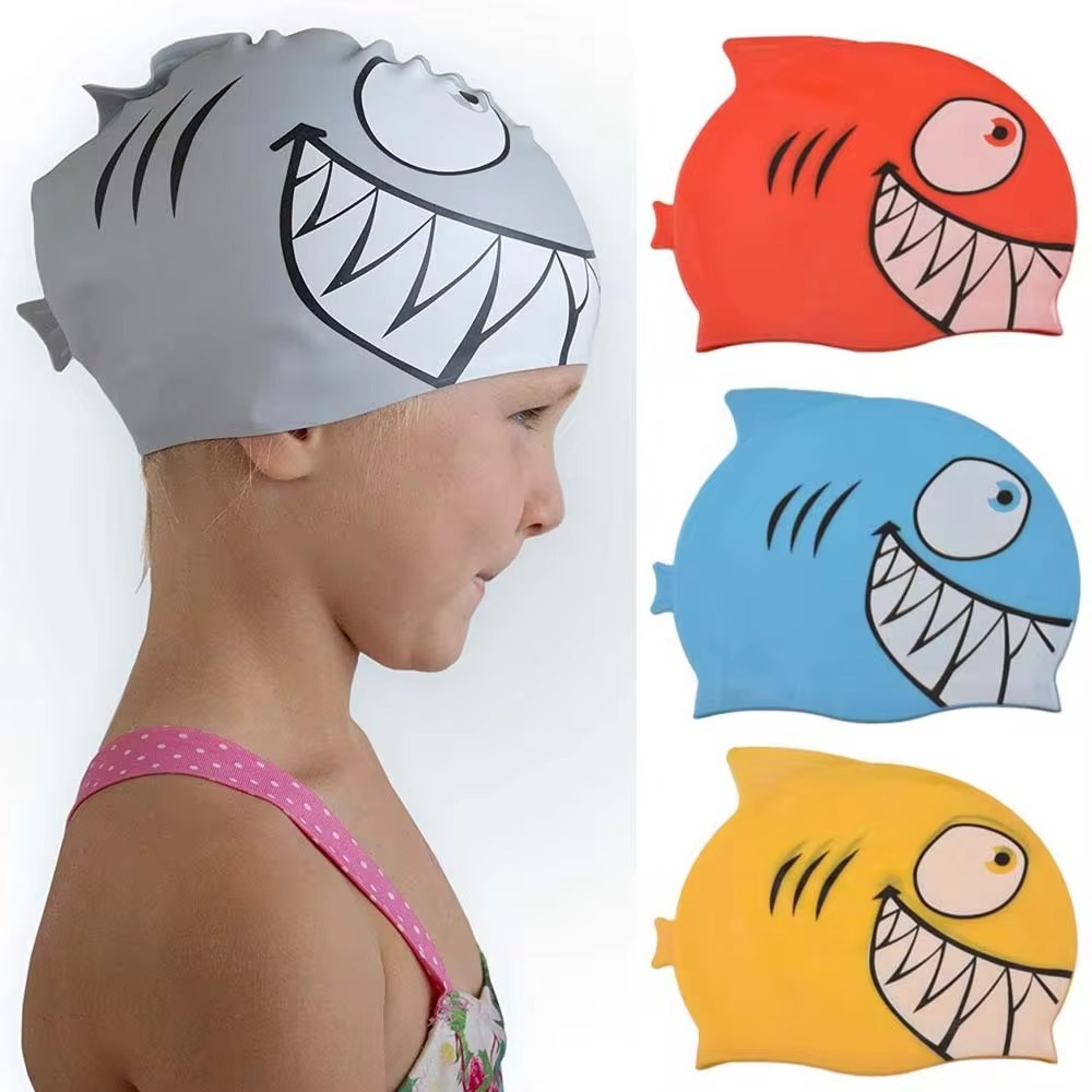 Waterproof Silicone Swimming Cap, Durable, Protect Ears, Unisex, Cartoon Shark Pool Cap for Children – view 1