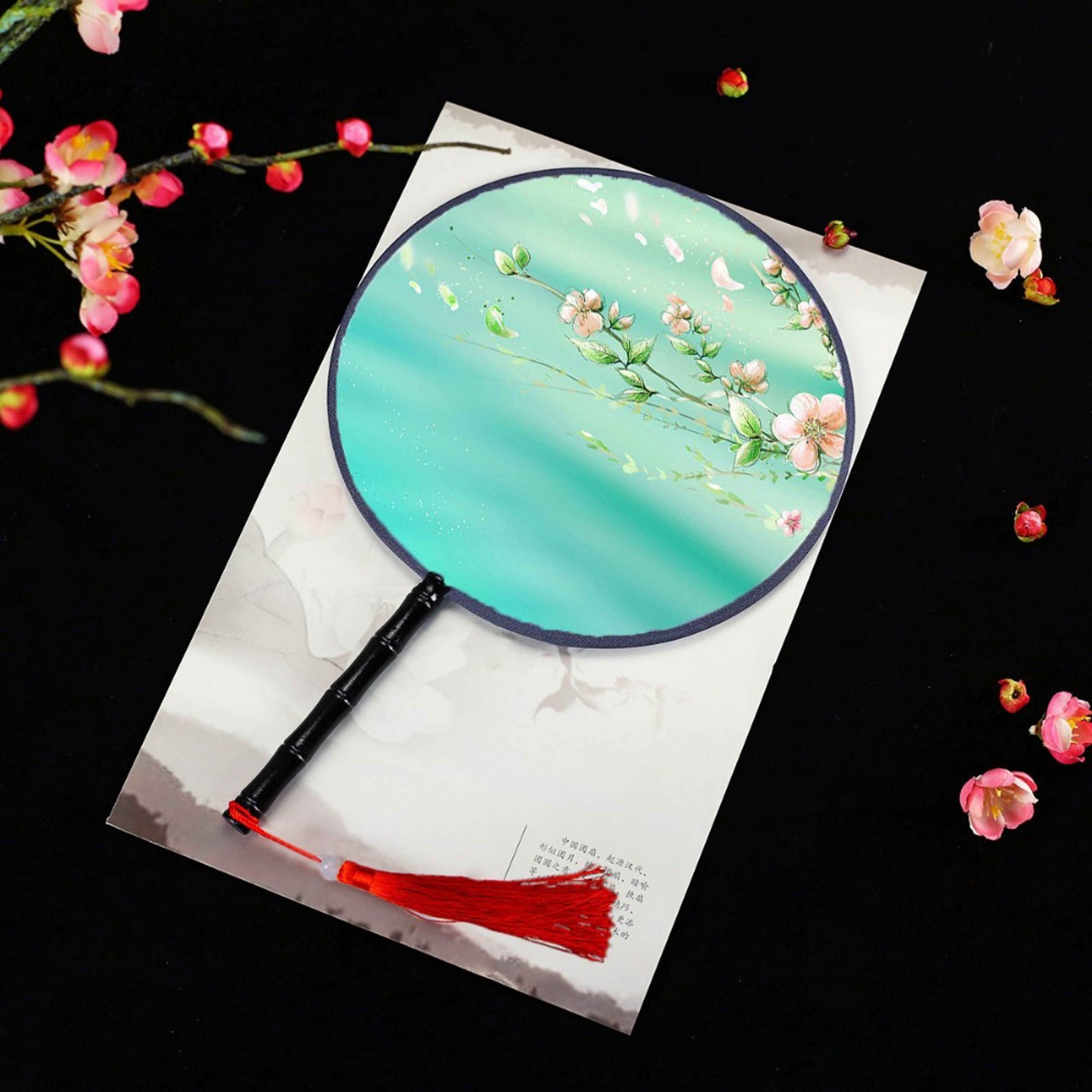 Vintage Printing Silk Hand Fan, Round Cheongsam Tang Suit, Ancient Tassel Dance Fan, Multistyles Diameter – view 1