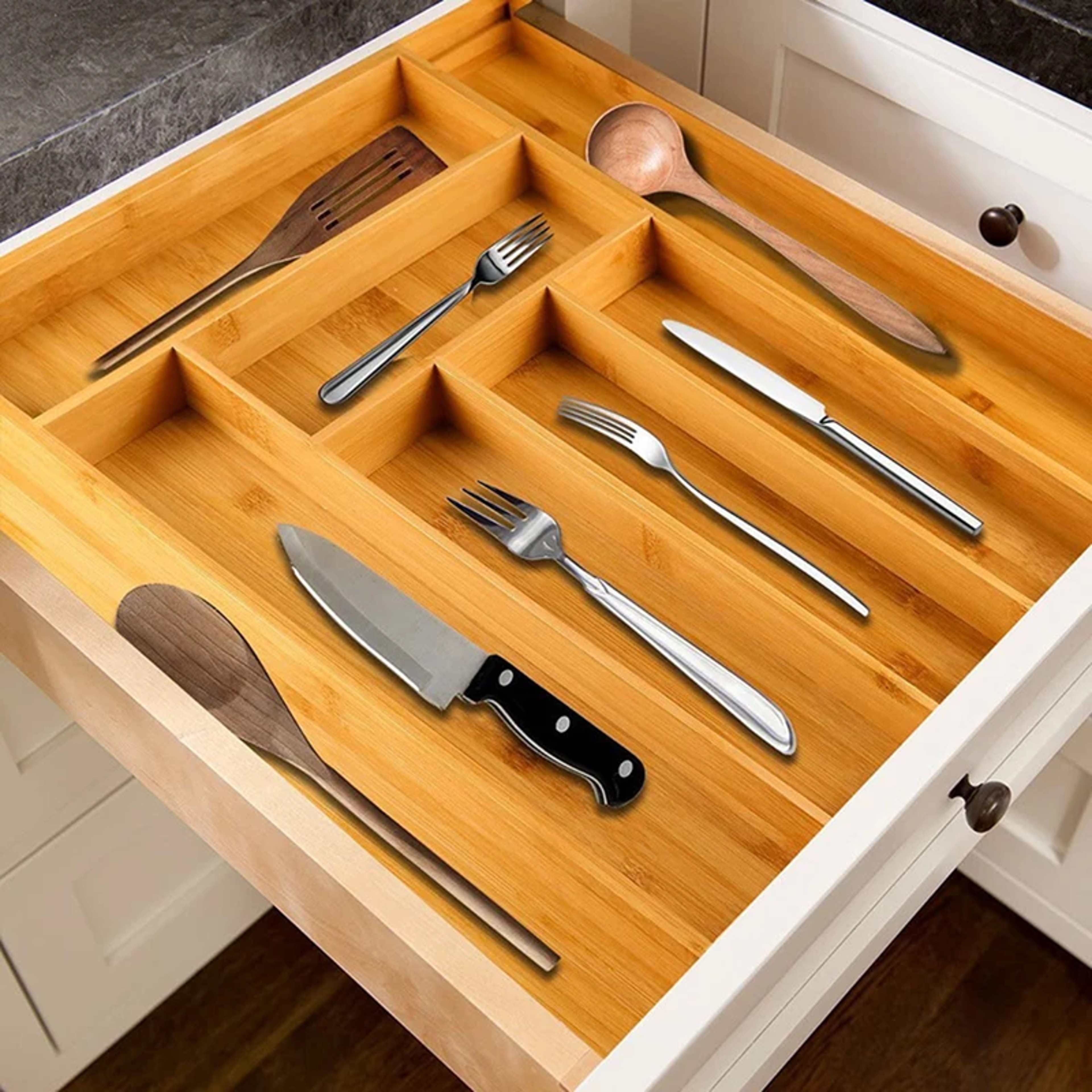 Wooden Adjustable Cutlery Tray, Bamboo Drawer Divider Organizer, Expandable Kitchen Storage – view 3