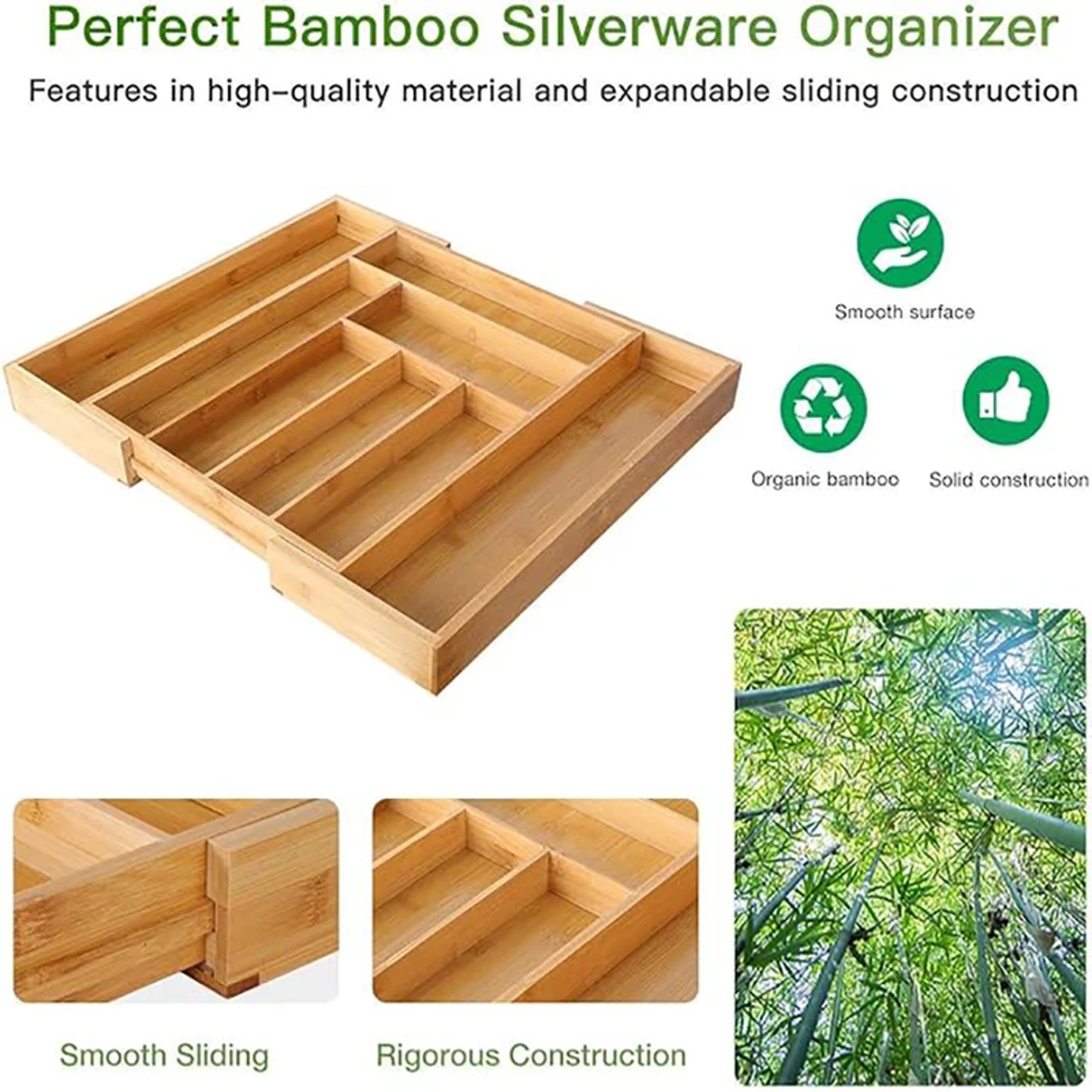 Wooden Adjustable Cutlery Tray, Bamboo Drawer Divider Organizer, Expandable Kitchen Storage – view 5