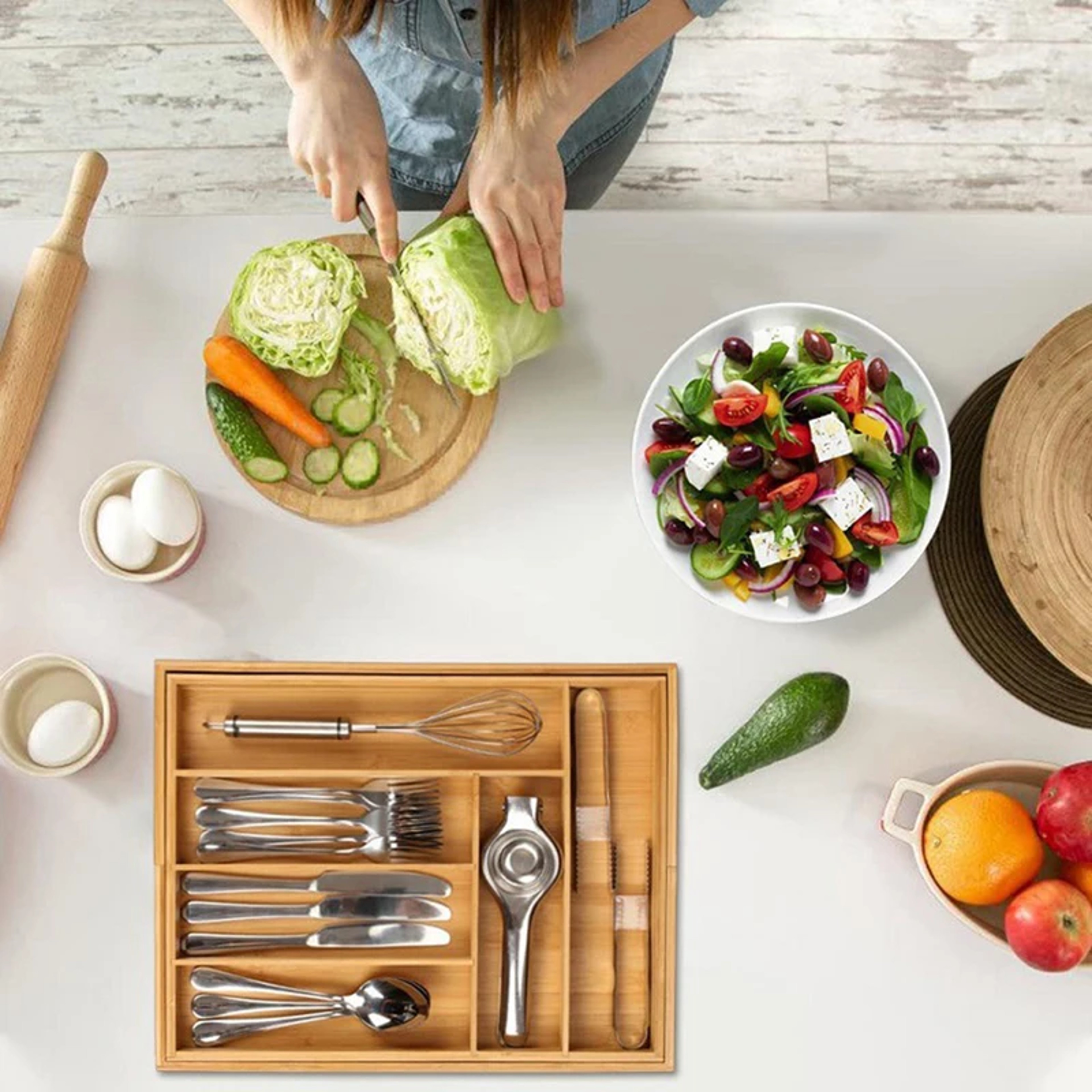 Wooden Adjustable Cutlery Tray, Bamboo Drawer Divider Organizer, Expandable Kitchen Storage – view 6