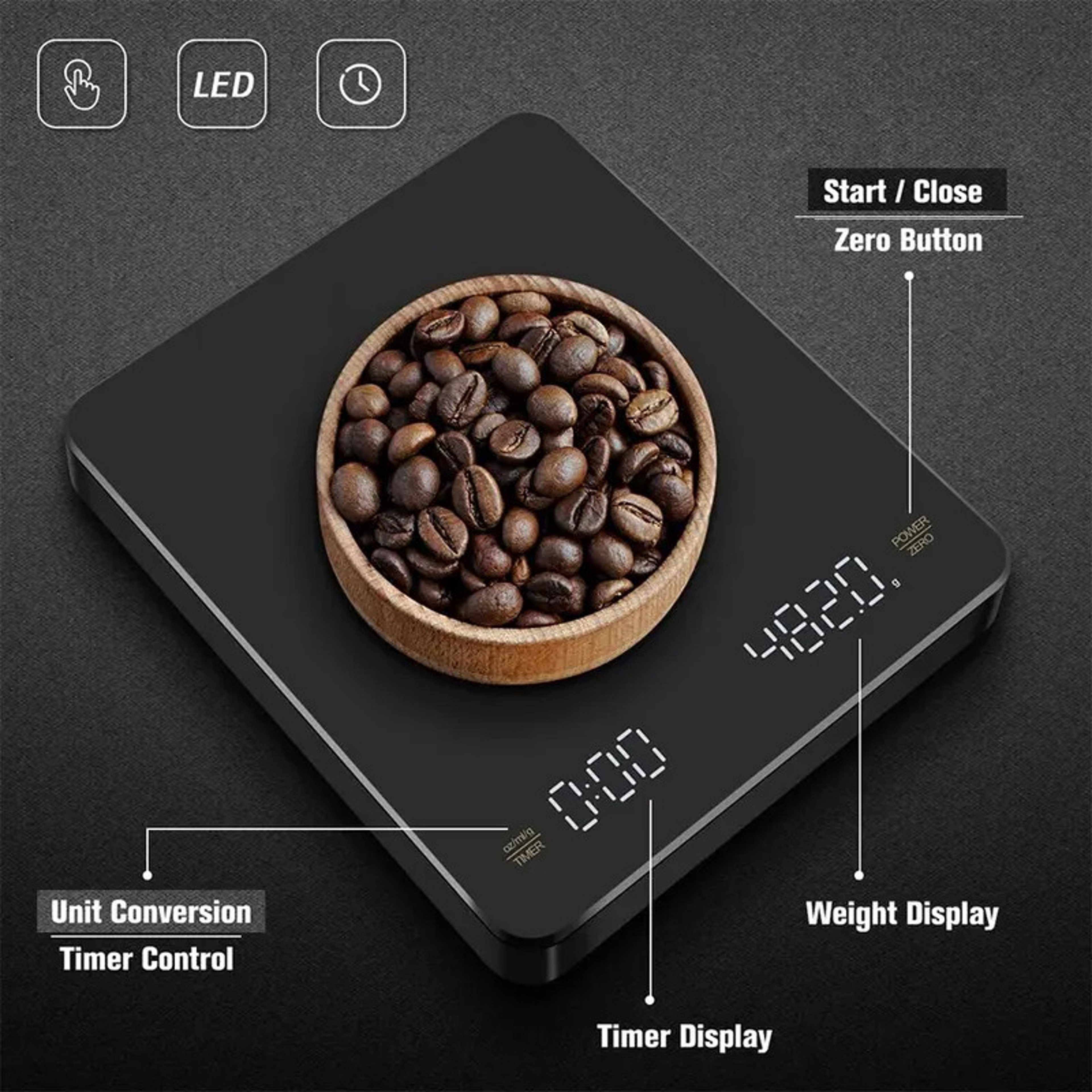 High Precision Digital Coffee Scale, LED Screen Espresso, Timer Kitchen Scale, USB Max.Weighing – view 2