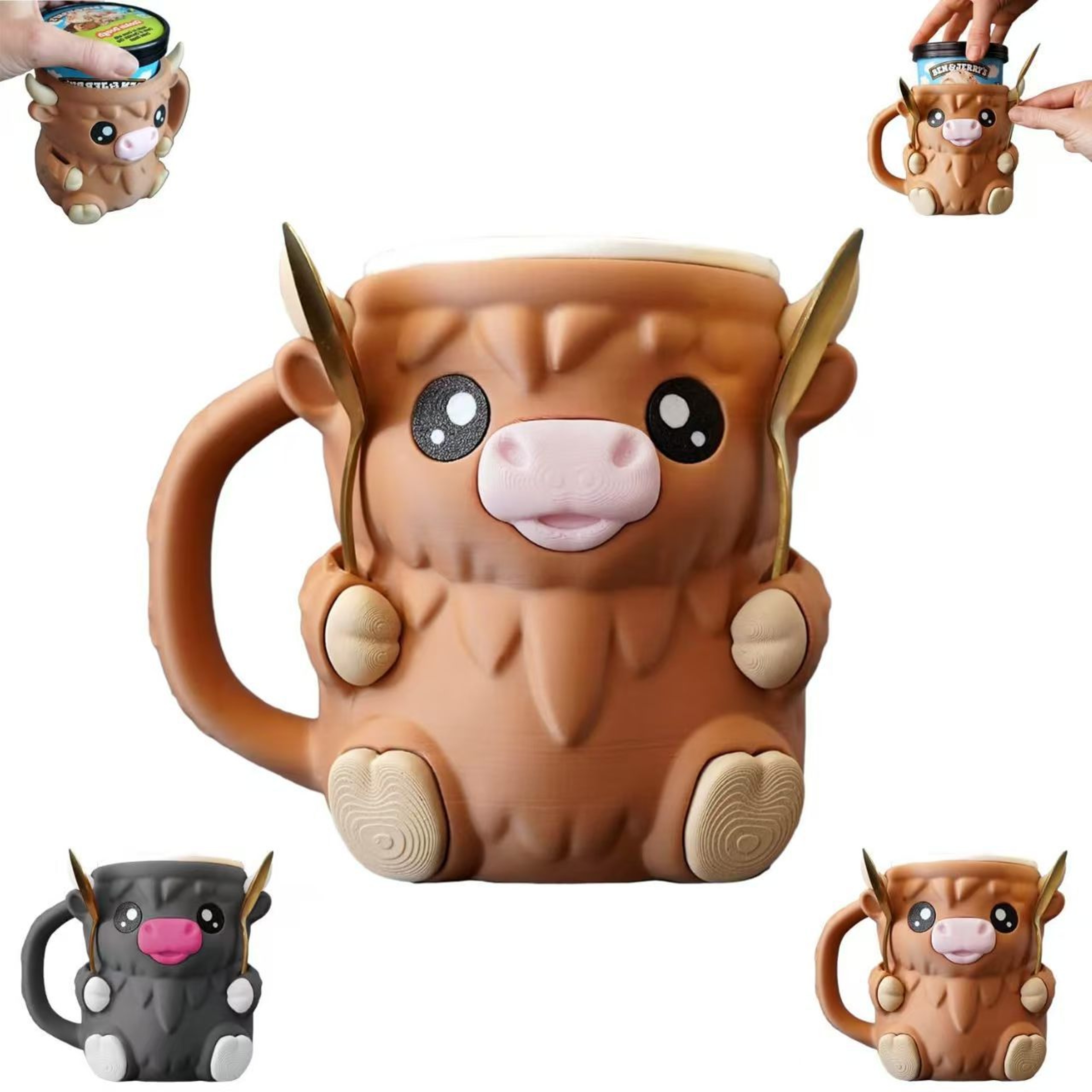 Reusable Highland Cow Ice Pint Holder, Printed Ice Cream Pint Containers, Snack Drawer & Handle - Beer Can Sleeves – view 1