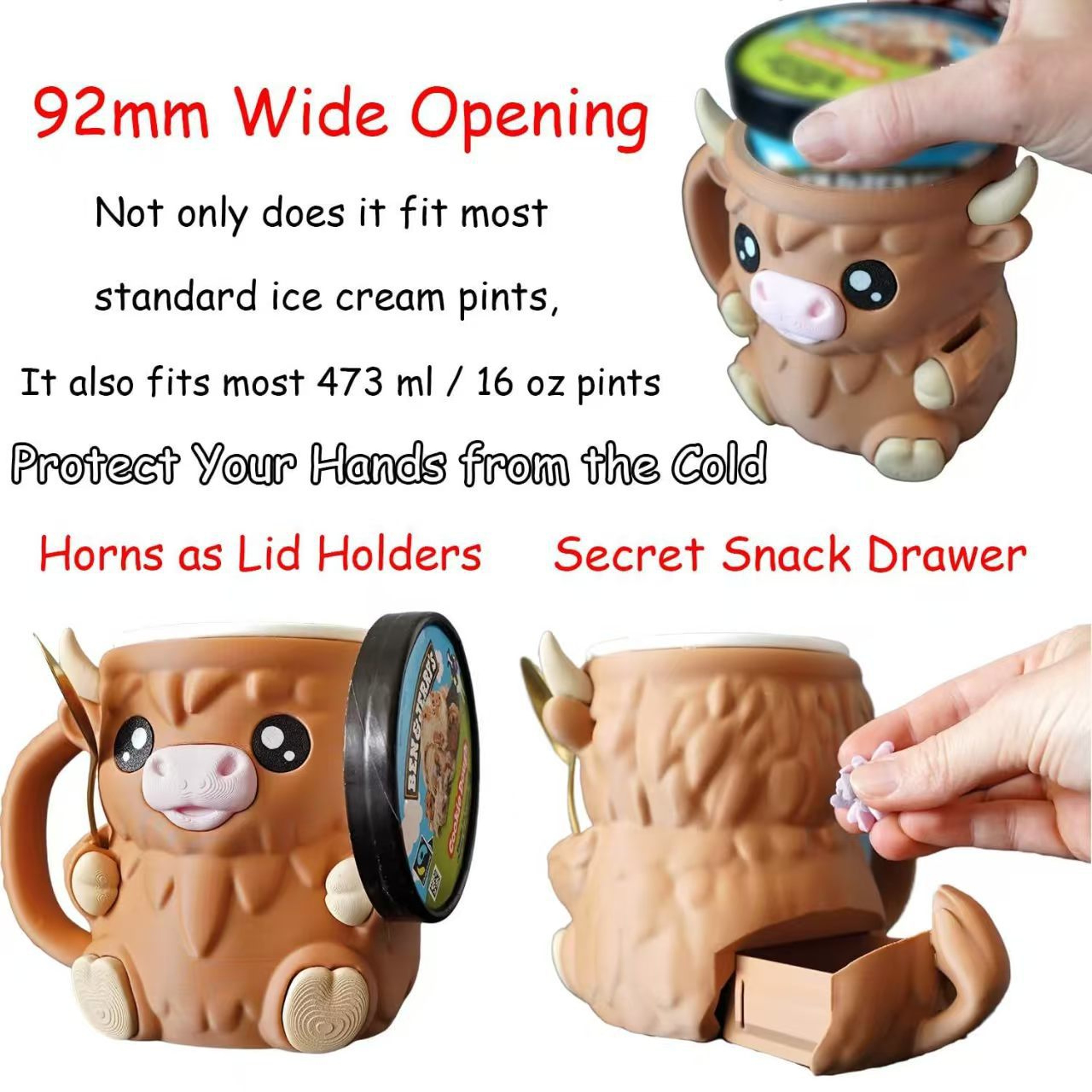 Reusable Highland Cow Ice Pint Holder, Printed Ice Cream Pint Containers, Snack Drawer & Handle - Beer Can Sleeves – view 6