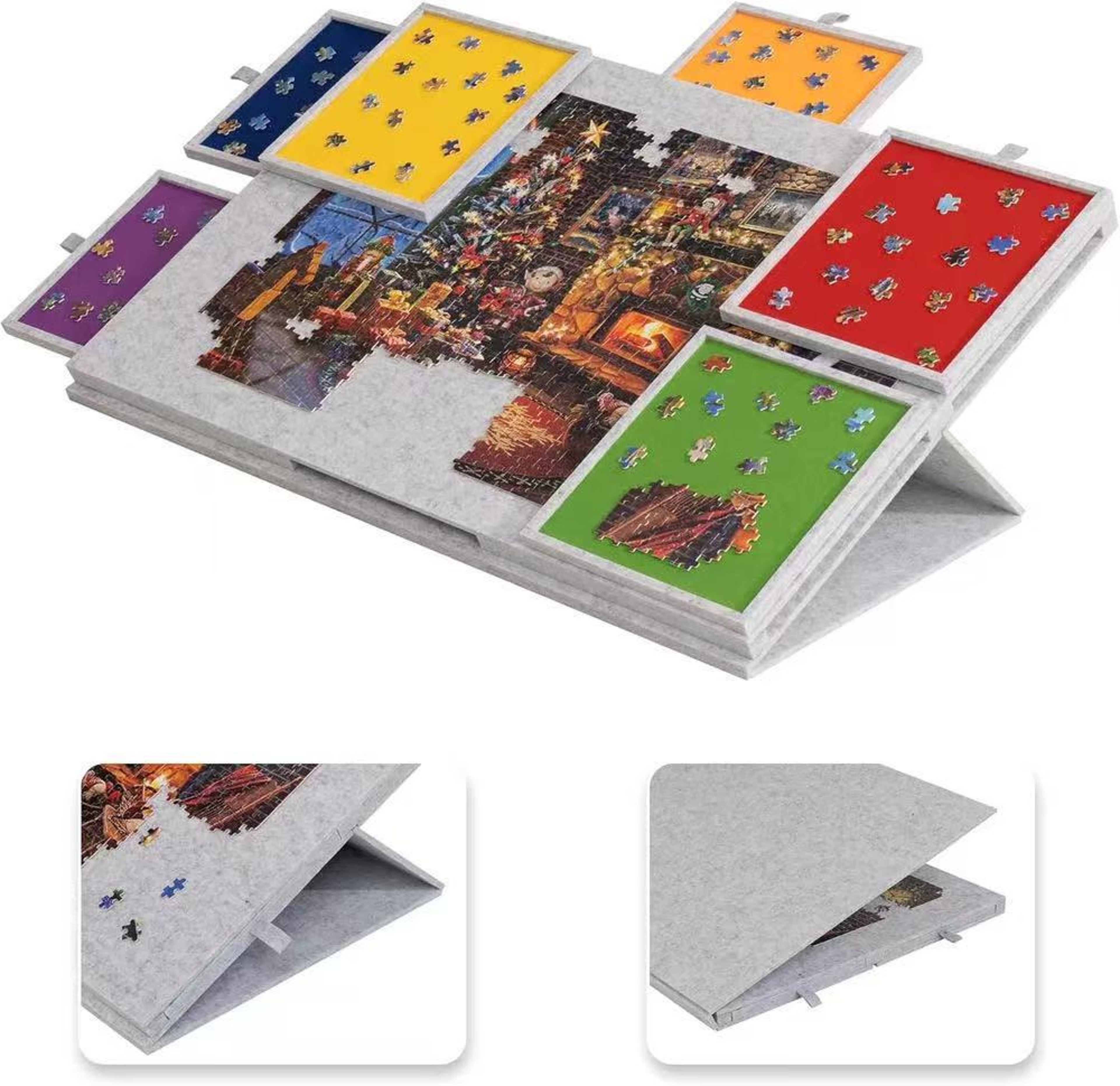 Portable Organizer for Unfinished Puzzles, Foldable Puzzle Mat With Sorting Trays Felt Jigsaw Puzzle Storage Mat – view 3