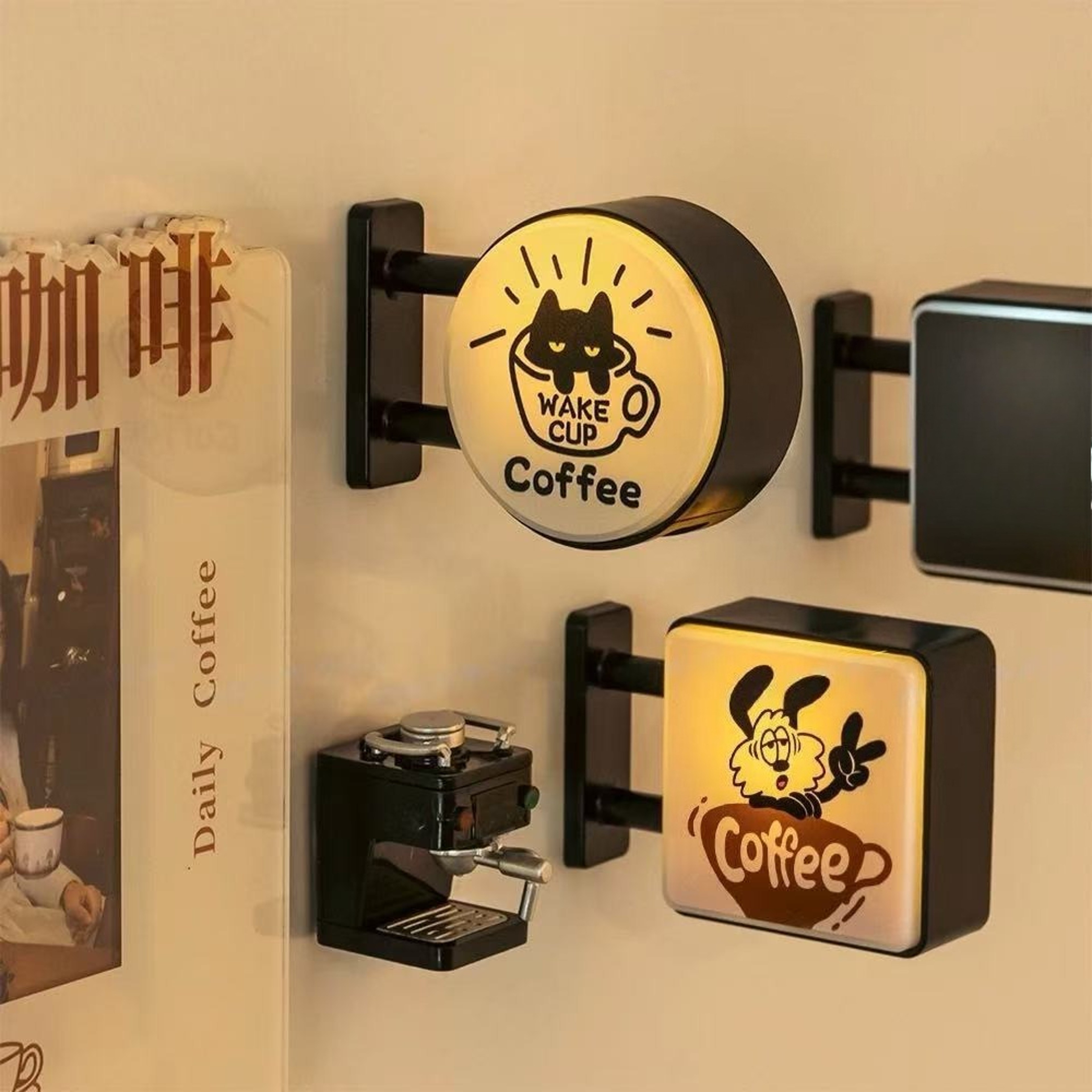 Cat and Dog Pattern Refrigerator Magnet Light, Cute Coffee Theme Decorative Light, Home Decoration – view 3