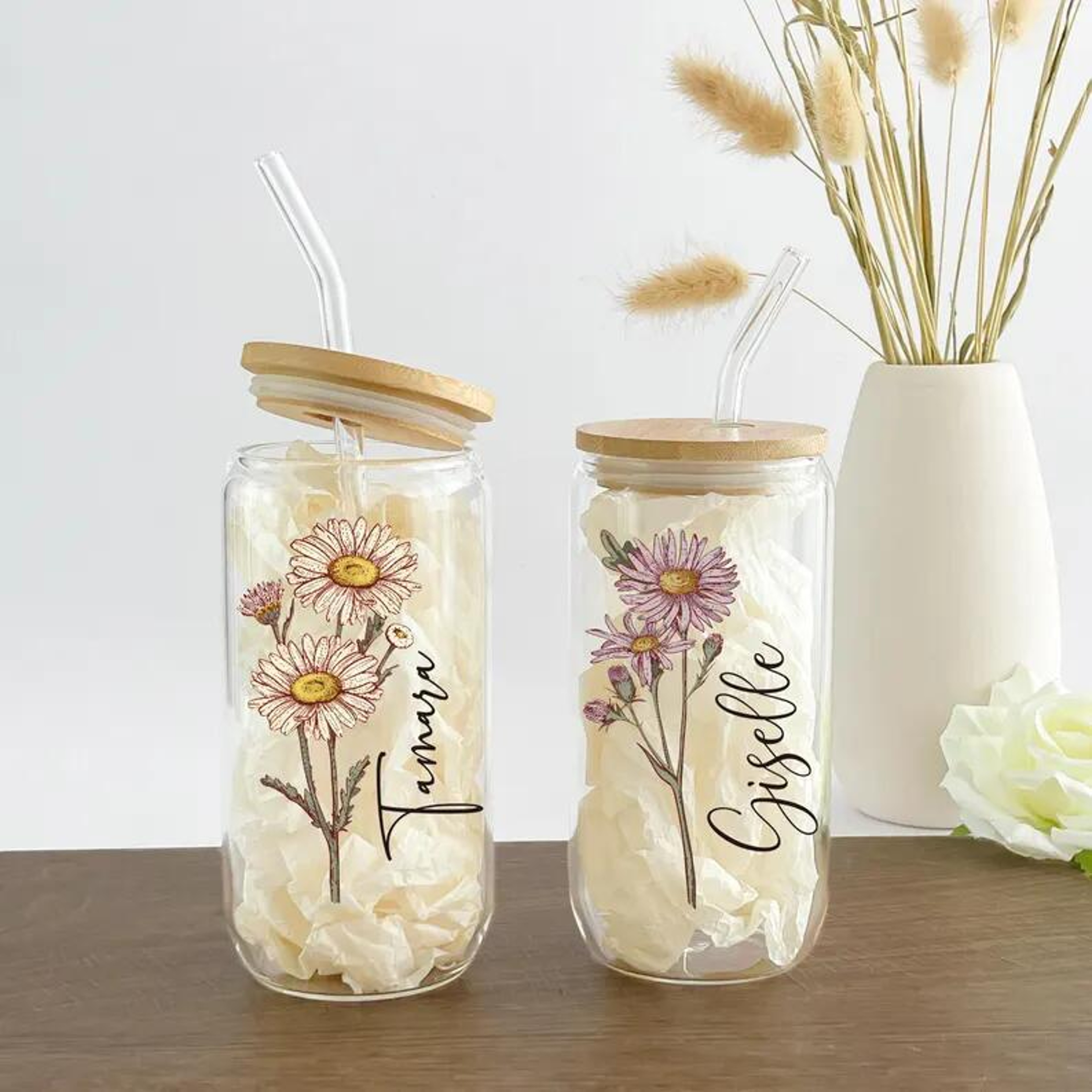 Personalized Name Cup with Bamboo Lid Straw, Custom Flower Glass Tumbler, Reusable Eco-Friendly Gift for Women – view 4