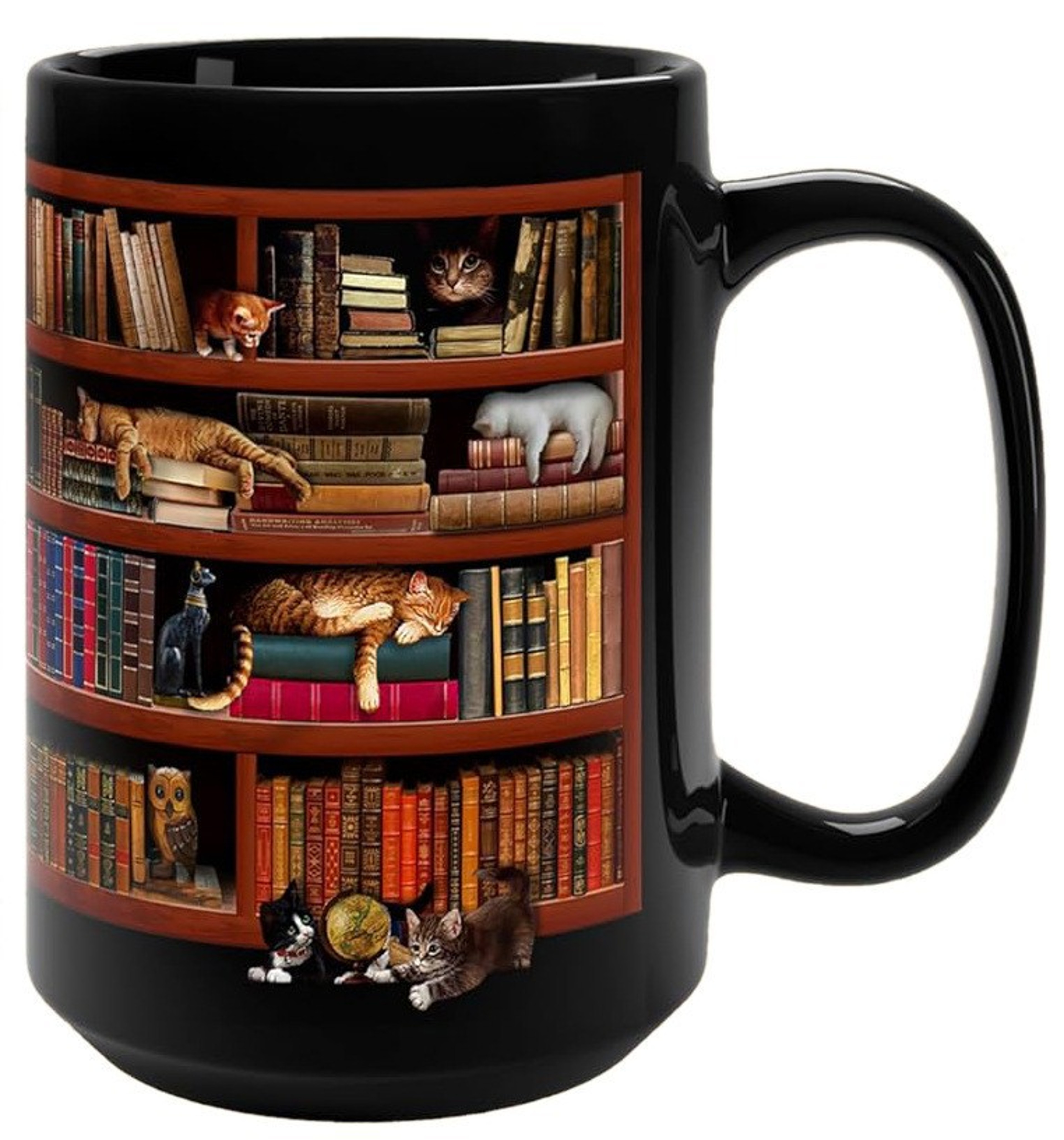 Retro Book Pattern Mug, Literary Black Ceramic Coffee Cup, Vintage Bookshelf Theme, Book Lover Gift Mug – view 8