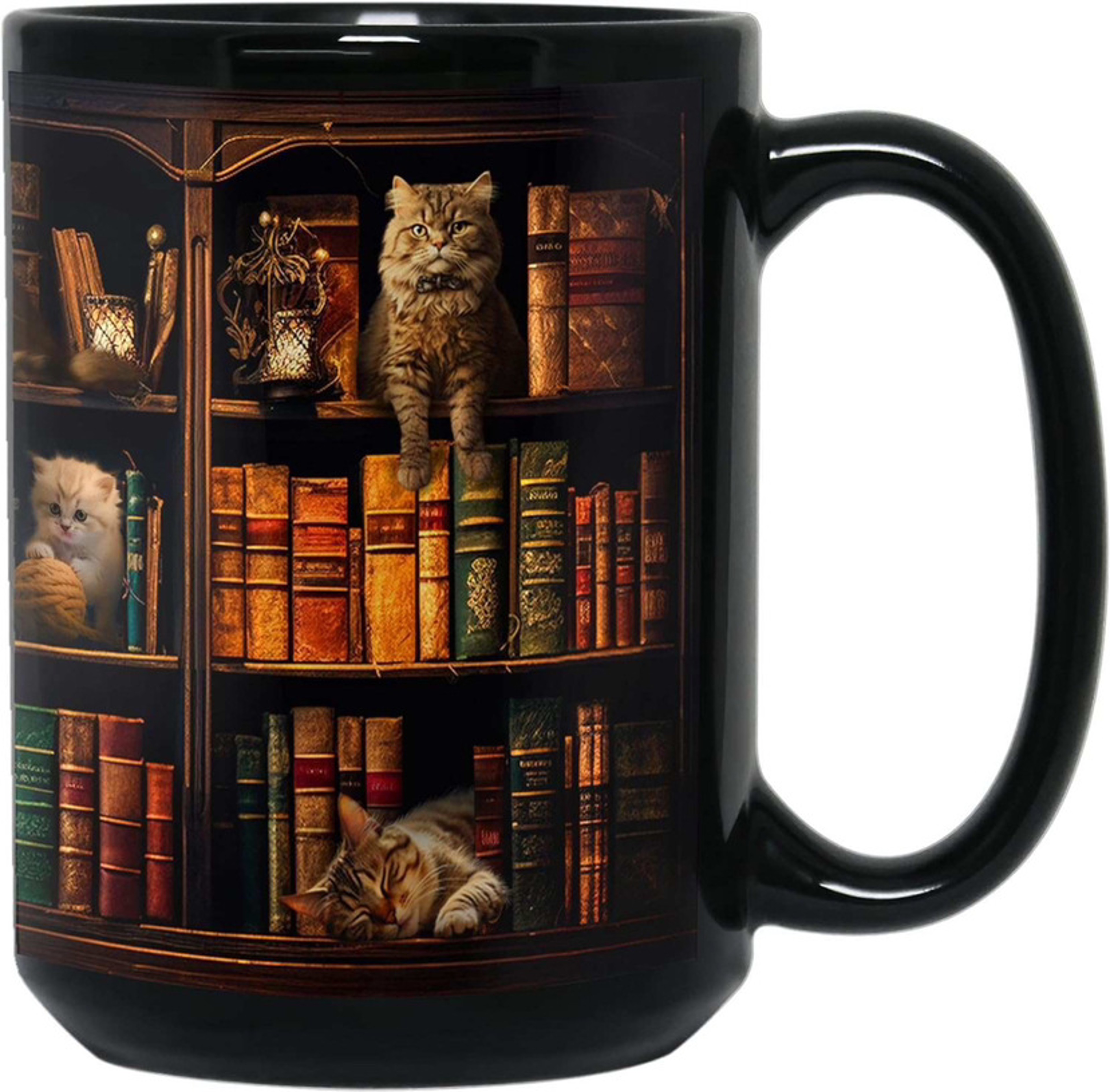 Retro Book Pattern Mug, Literary Black Ceramic Coffee Cup, Vintage Bookshelf Theme, Book Lover Gift Mug – view 9