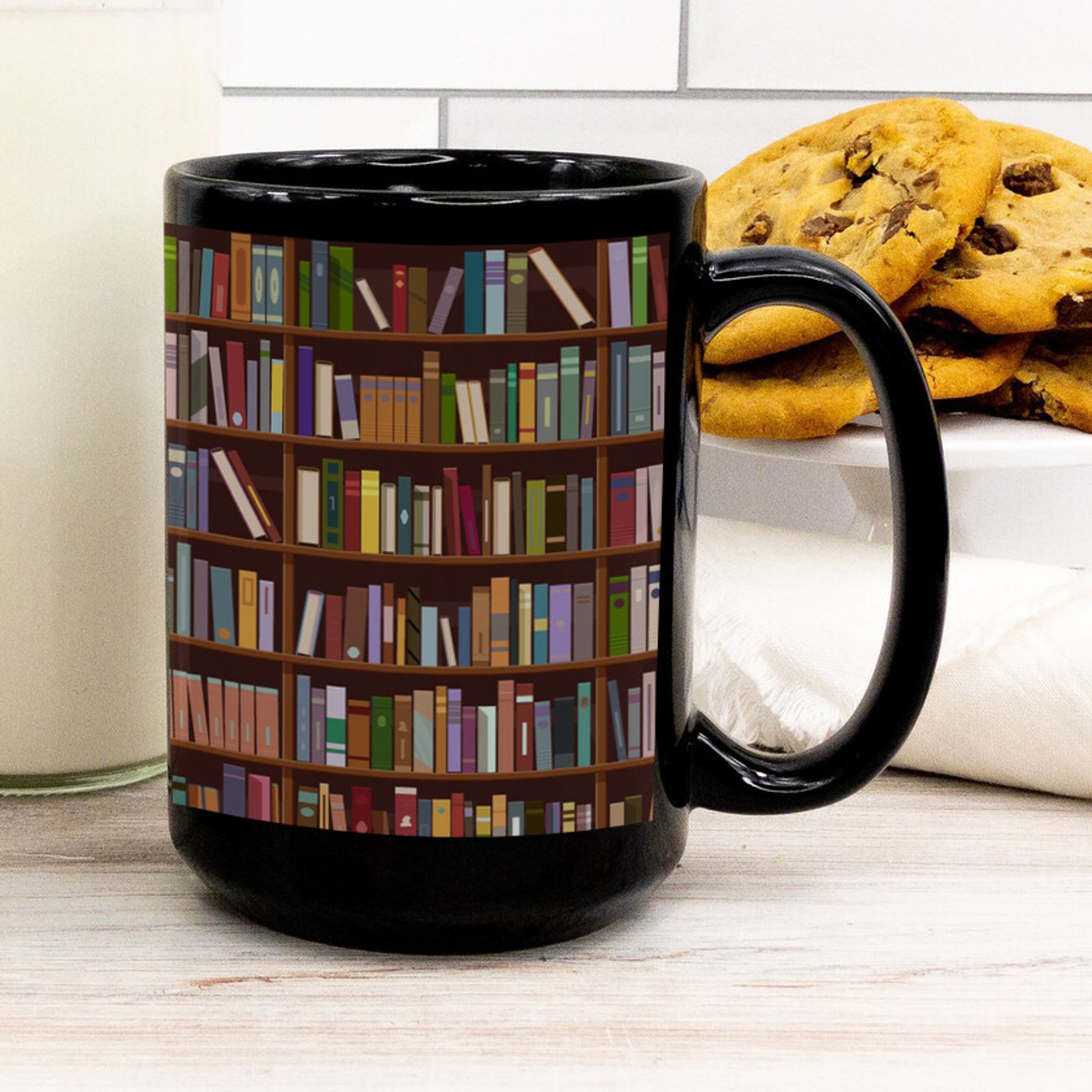 Retro Book Pattern Mug, Literary Black Ceramic Coffee Cup, Vintage Bookshelf Theme, Book Lover Gift Mug – view 11