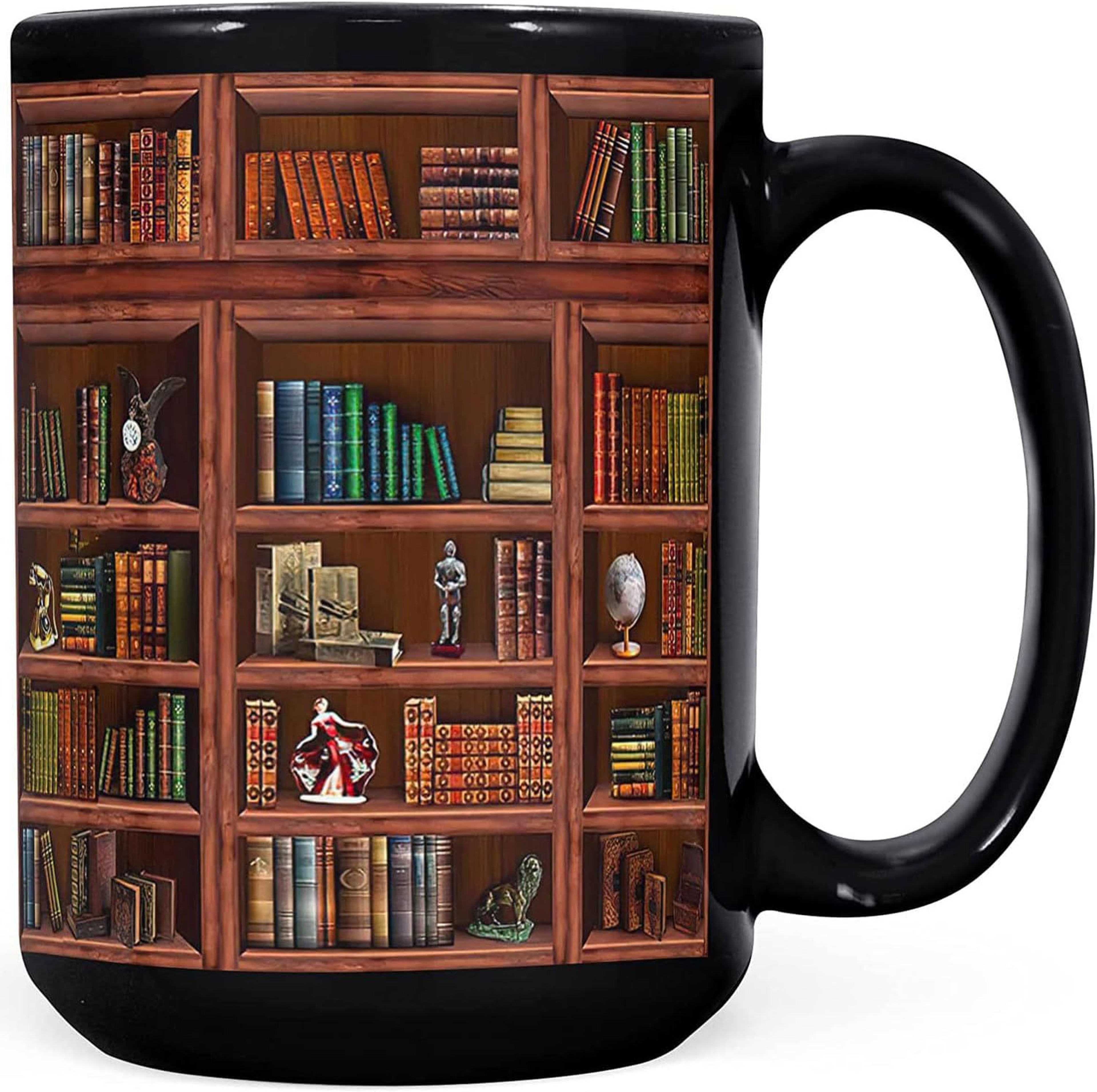 Retro Book Pattern Mug, Literary Black Ceramic Coffee Cup, Vintage Bookshelf Theme, Book Lover Gift Mug – view 13