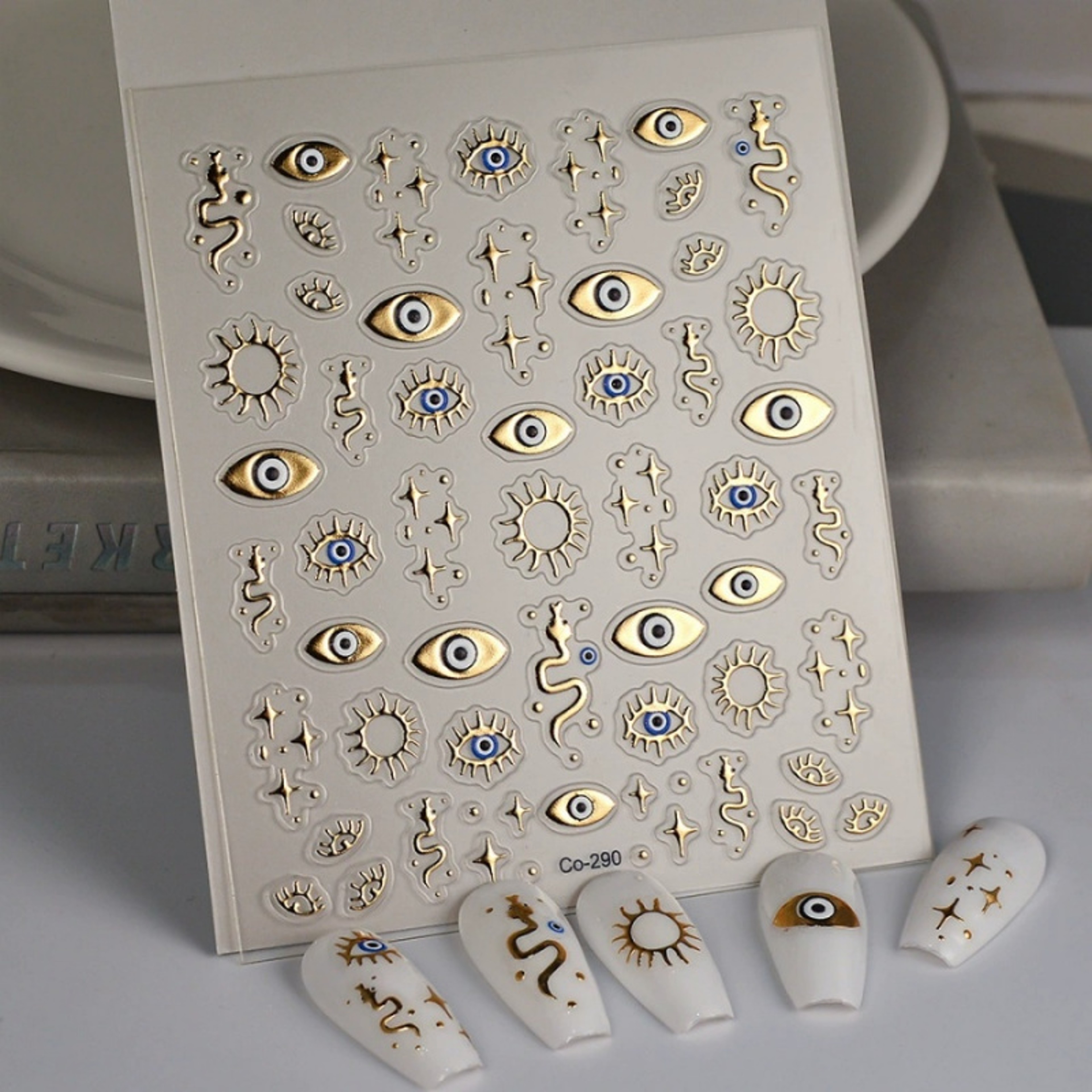 Gold Foil Devil's Eye Nail Stickers, Embossed Eyes, Sun & Stars - Perfect for Nails, Phones, Laptops, and Decorations – view 4