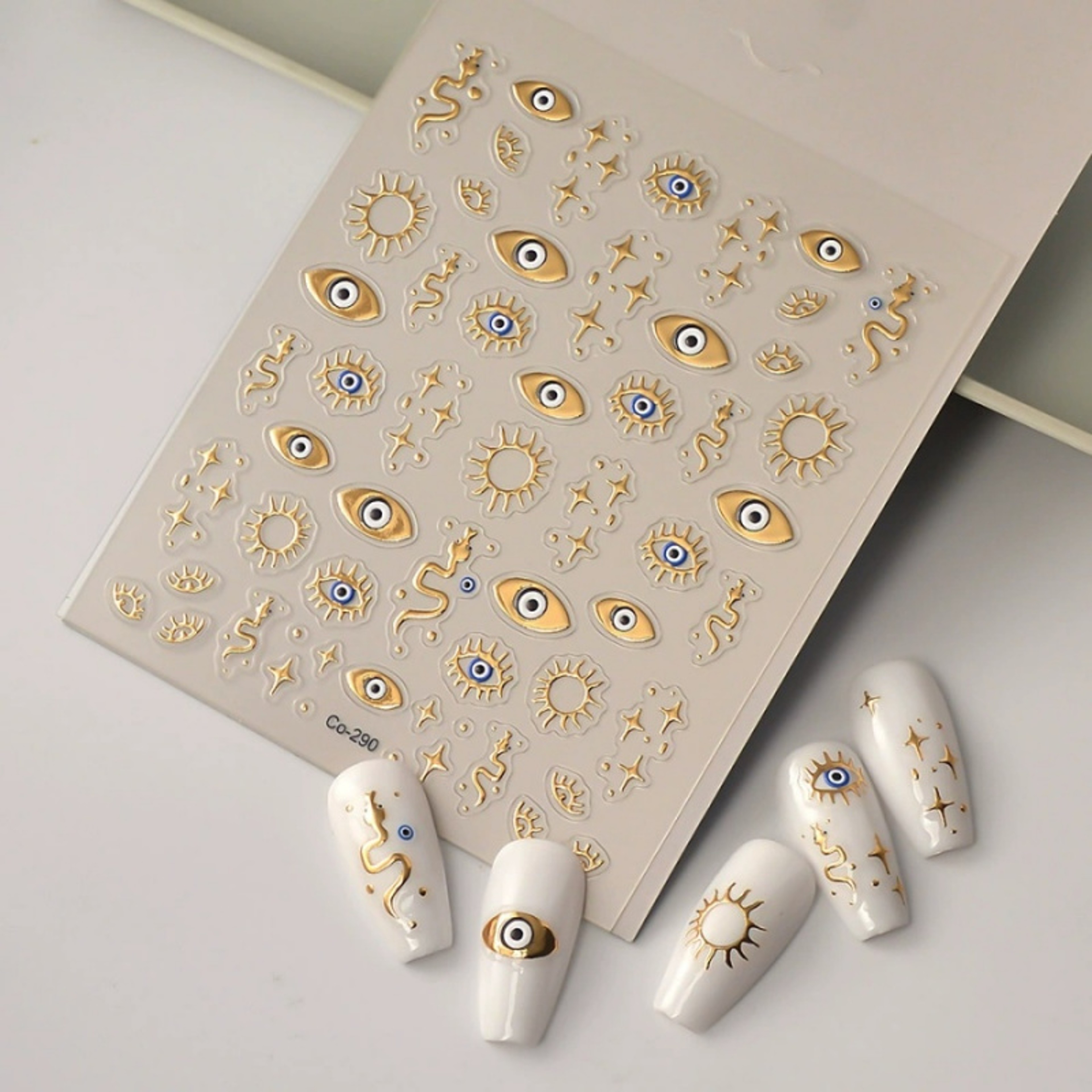 Gold Foil Devil's Eye Nail Stickers, Embossed Eyes, Sun & Stars - Perfect for Nails, Phones, Laptops, and Decorations – view 5