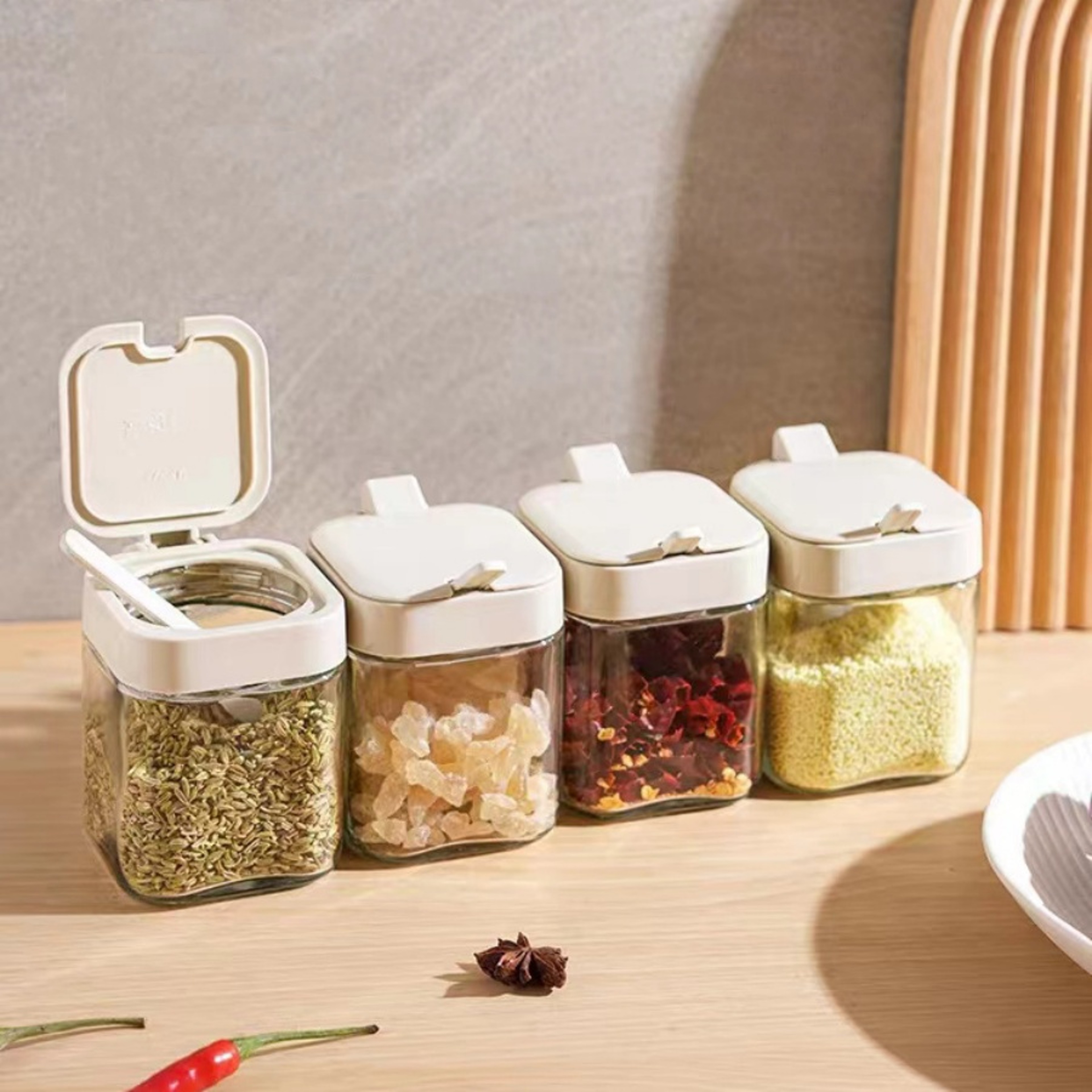 Glass Spice Boxes, Seasoning Jar with Spoon, Salt Shaker Container for Sugar, Pepper, and Spices – view 1