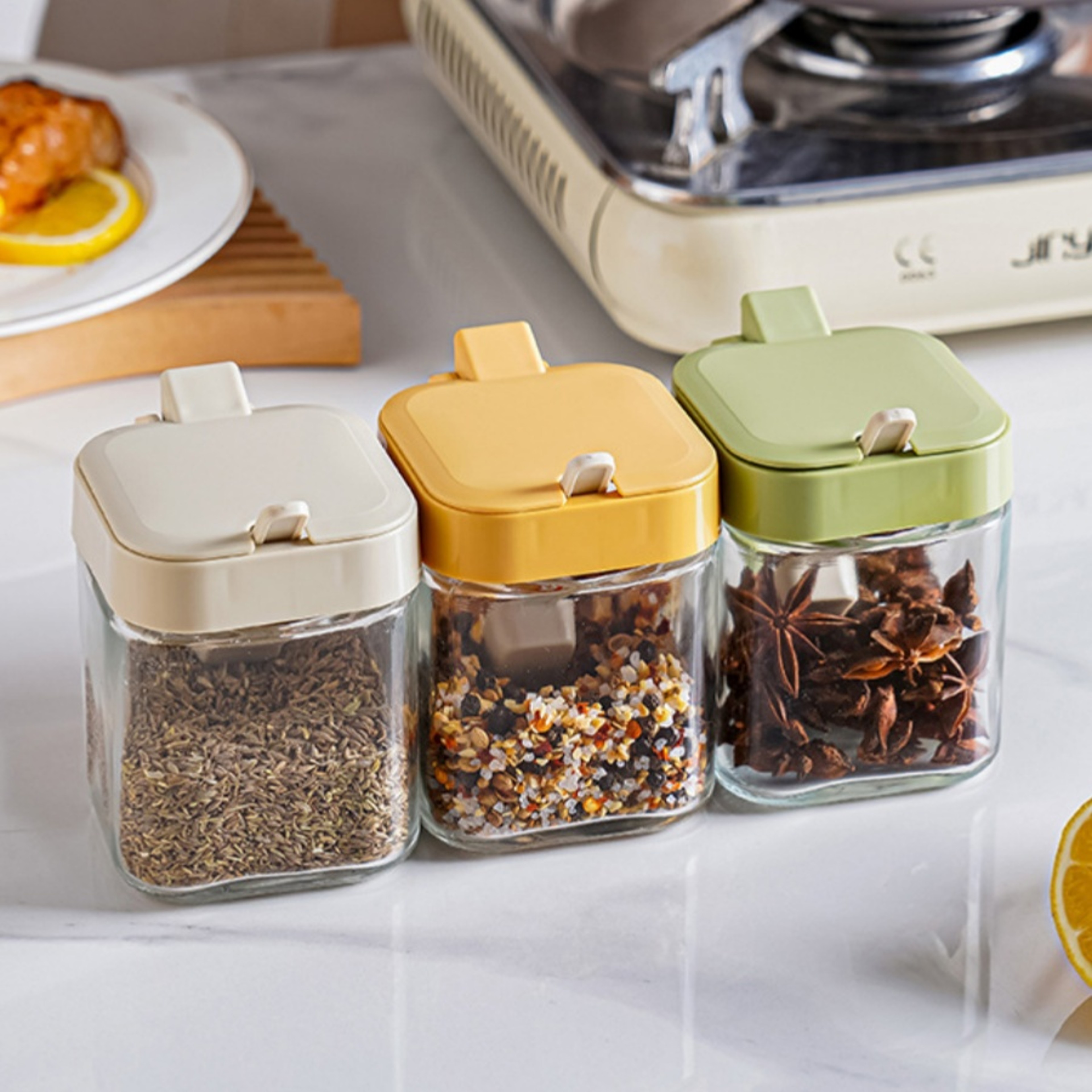 Glass Spice Boxes, Seasoning Jar with Spoon, Salt Shaker Container for Sugar, Pepper, and Spices – view 2