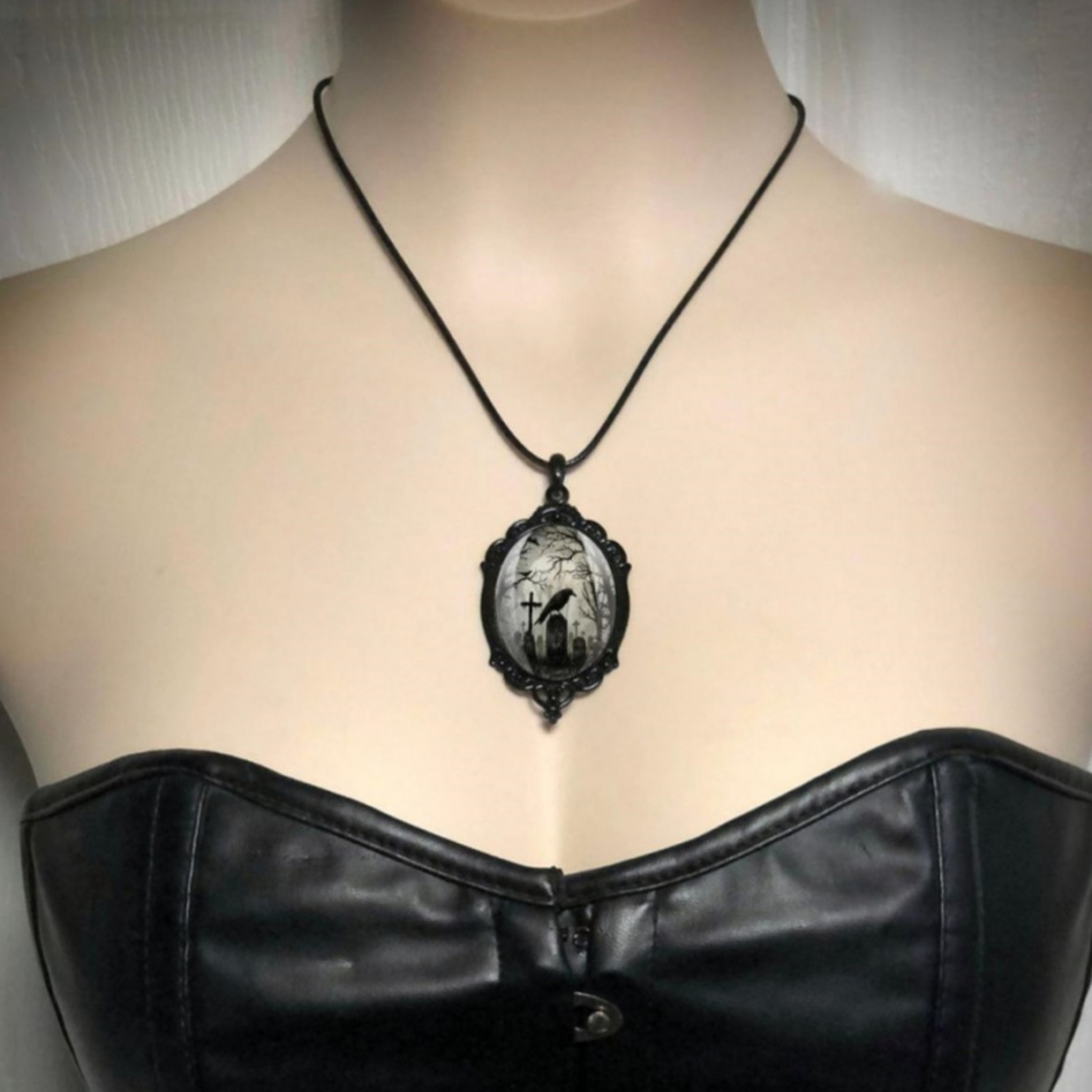 Gothic Crow Cross Pendant Necklace, Black Tombstone Necklace, Halloween Party Decoration Accessories – view 2