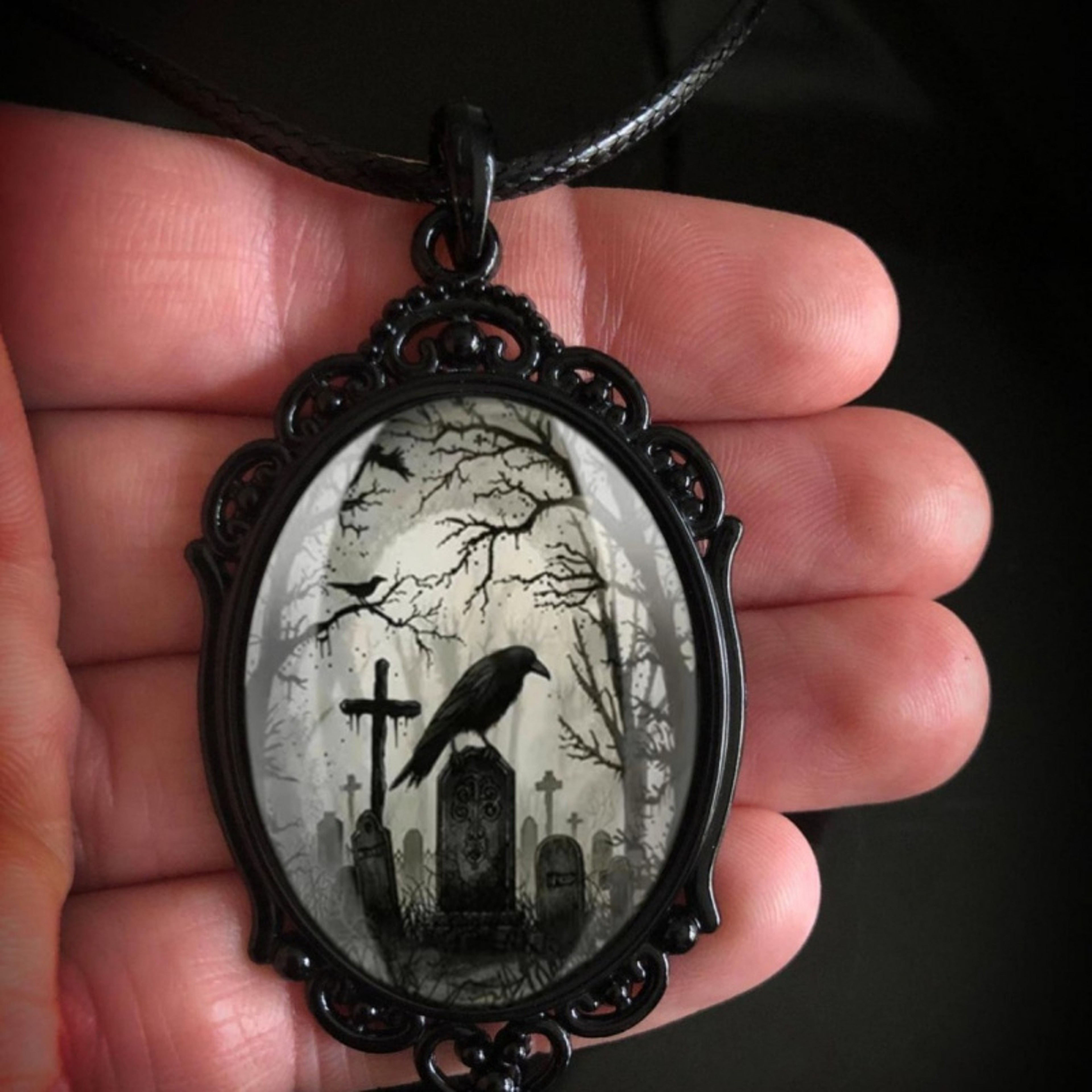 Gothic Crow Cross Pendant Necklace, Black Tombstone Necklace, Halloween Party Decoration Accessories – view 3