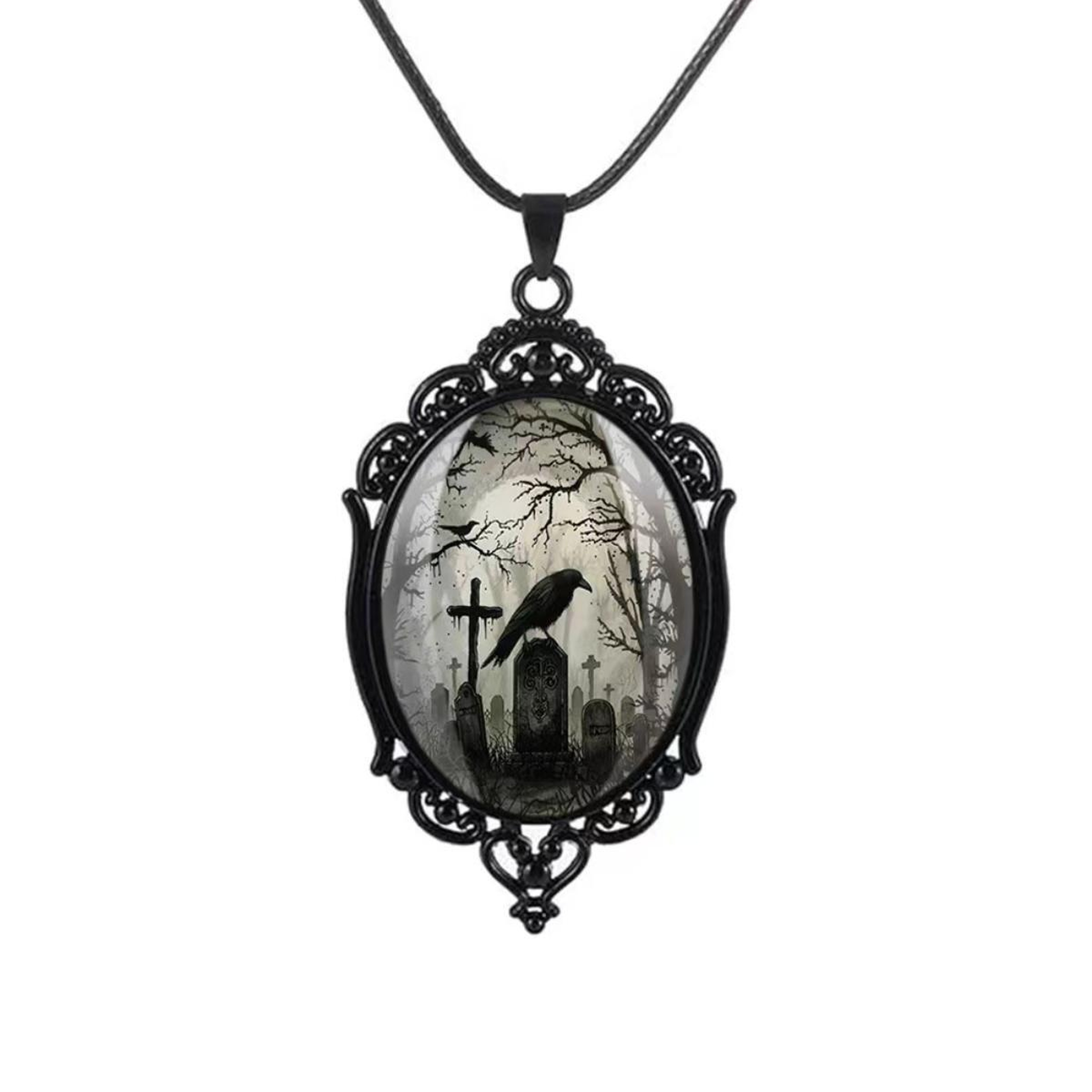 Gothic Crow Cross Pendant Necklace, Black Tombstone Necklace, Halloween Party Decoration Accessories – view 7