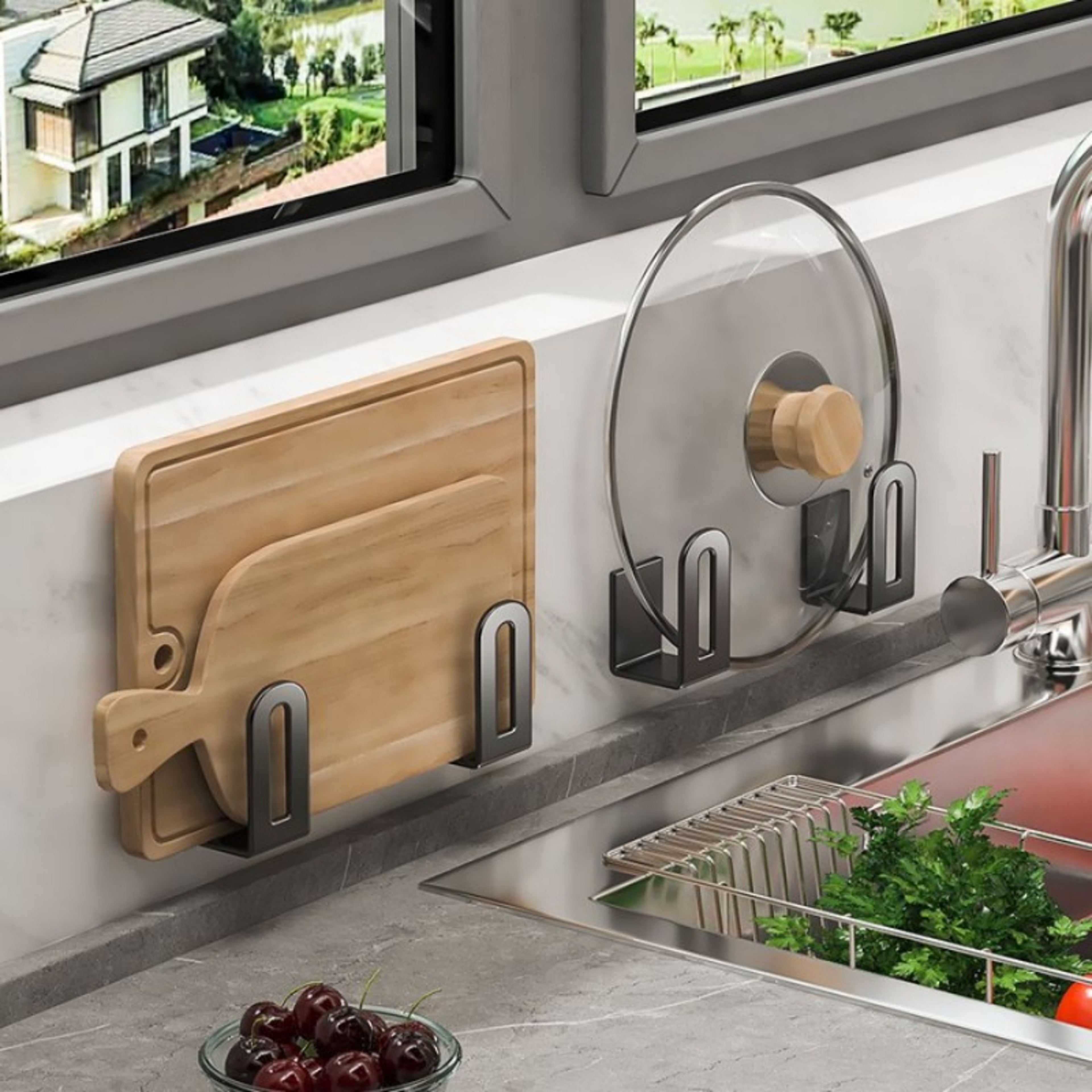Wall-Mounted Pot Lid Rack, Kitchen Storage Rack, Multi-Functional Organizer for Cutting Boards, Bathroom, Balcony – view 2
