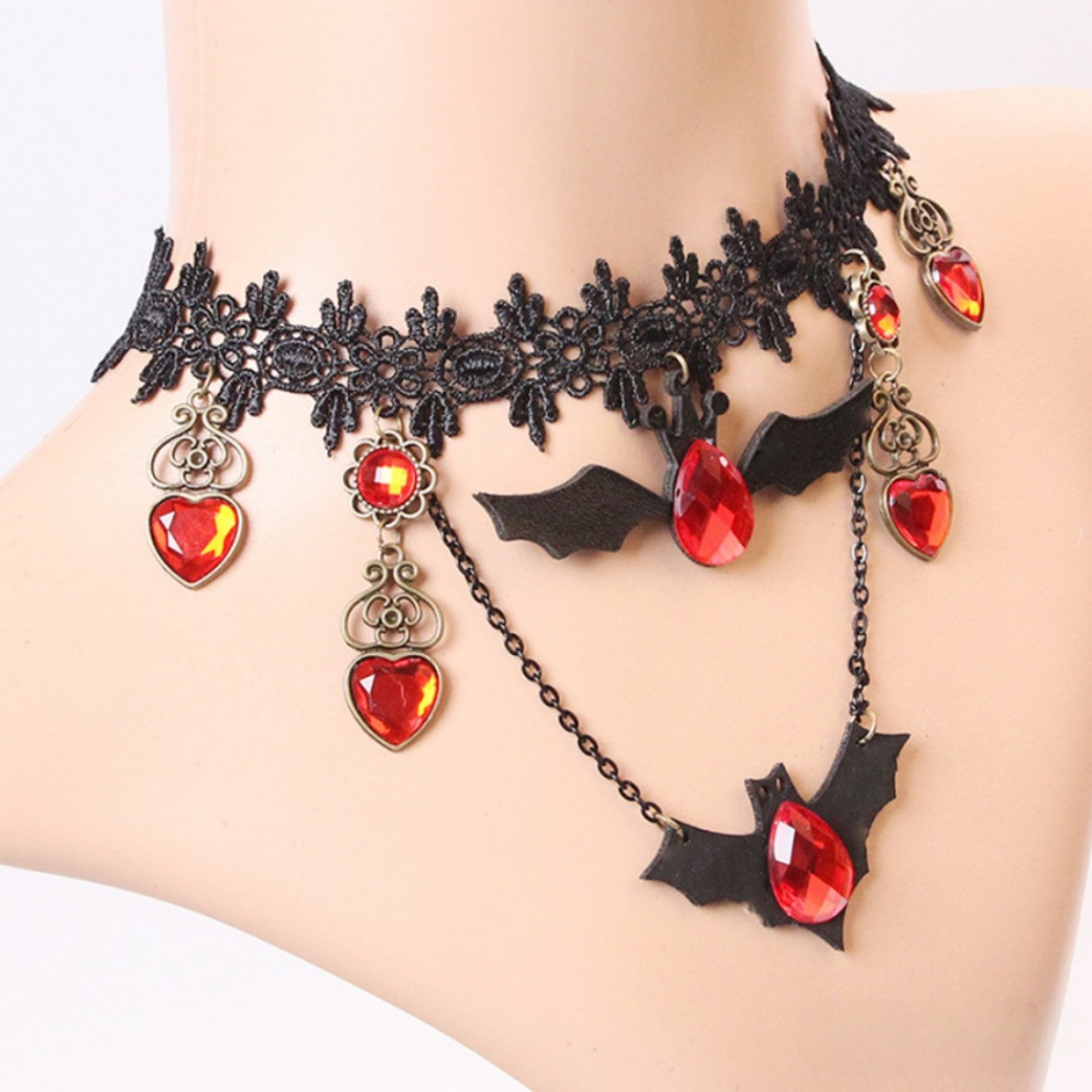 Gothic Bat Ruby Heart Pendant Halloween Costume Dress-Up Necklace Dark Style – view 2
