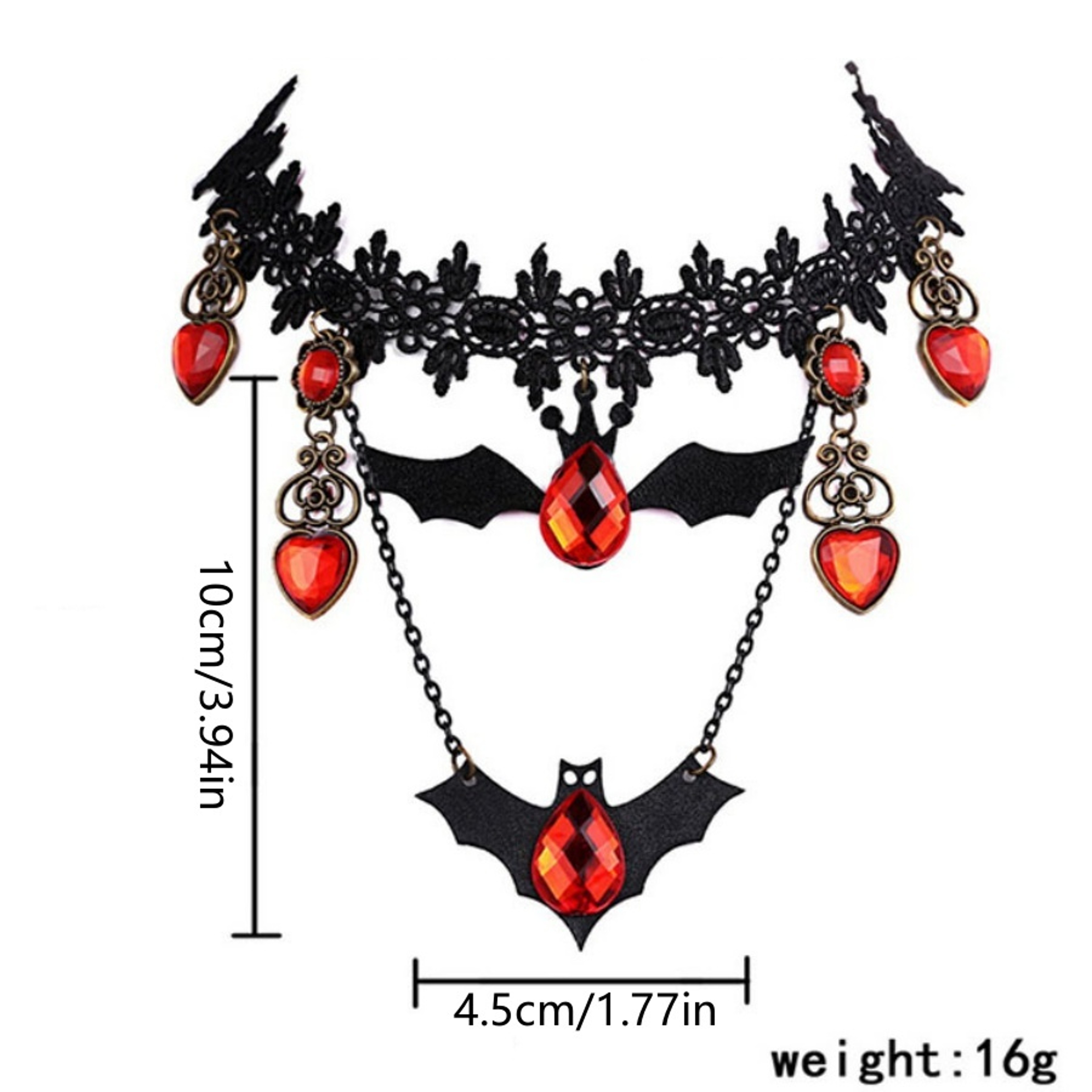 Gothic Bat Ruby Heart Pendant Halloween Costume Dress-Up Necklace Dark Style – view 7
