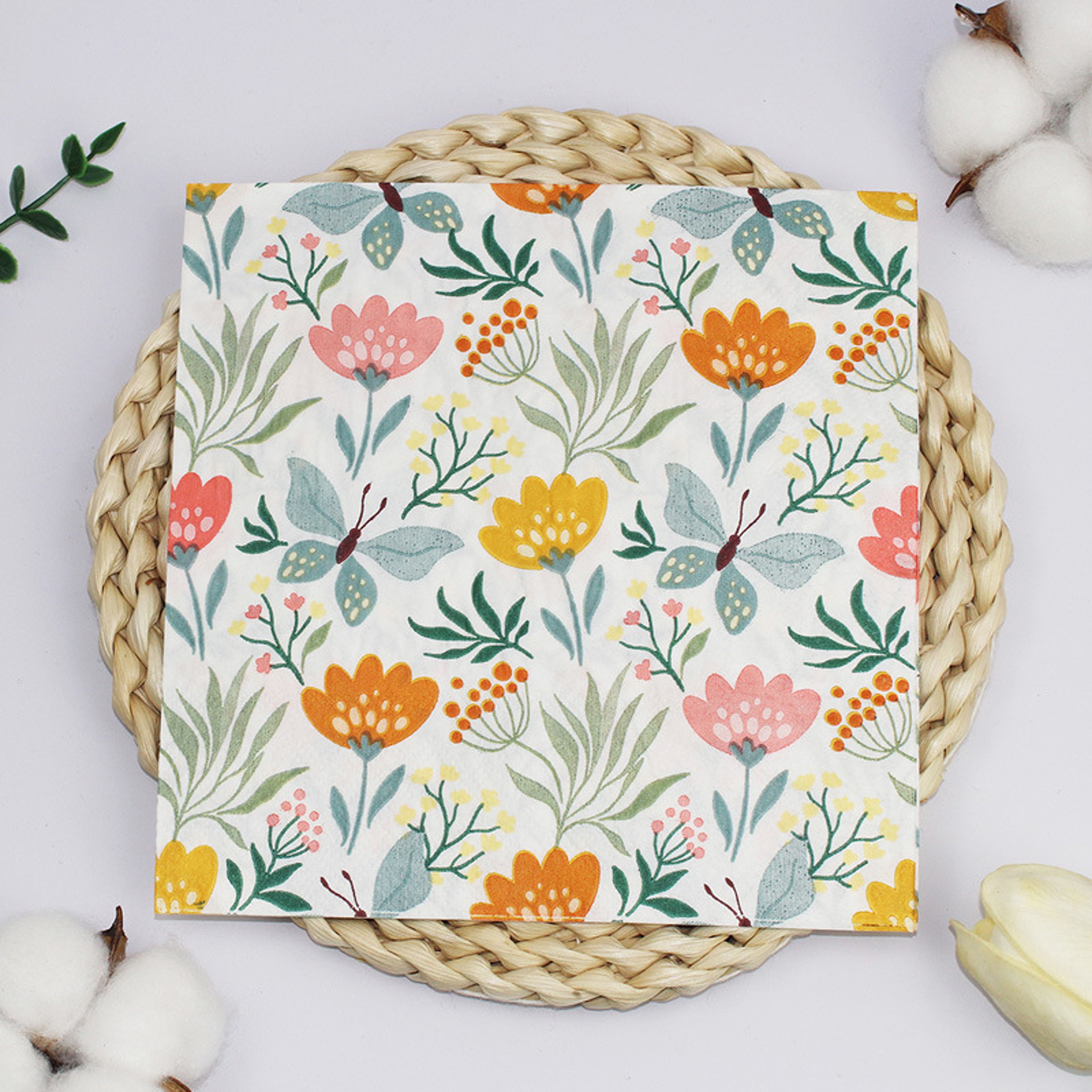 Holiday Themed Party Disposable Two-Ply Square Napkins, Butterfly Floral Pattern Printed Tissue for Family Gatherings – view 7