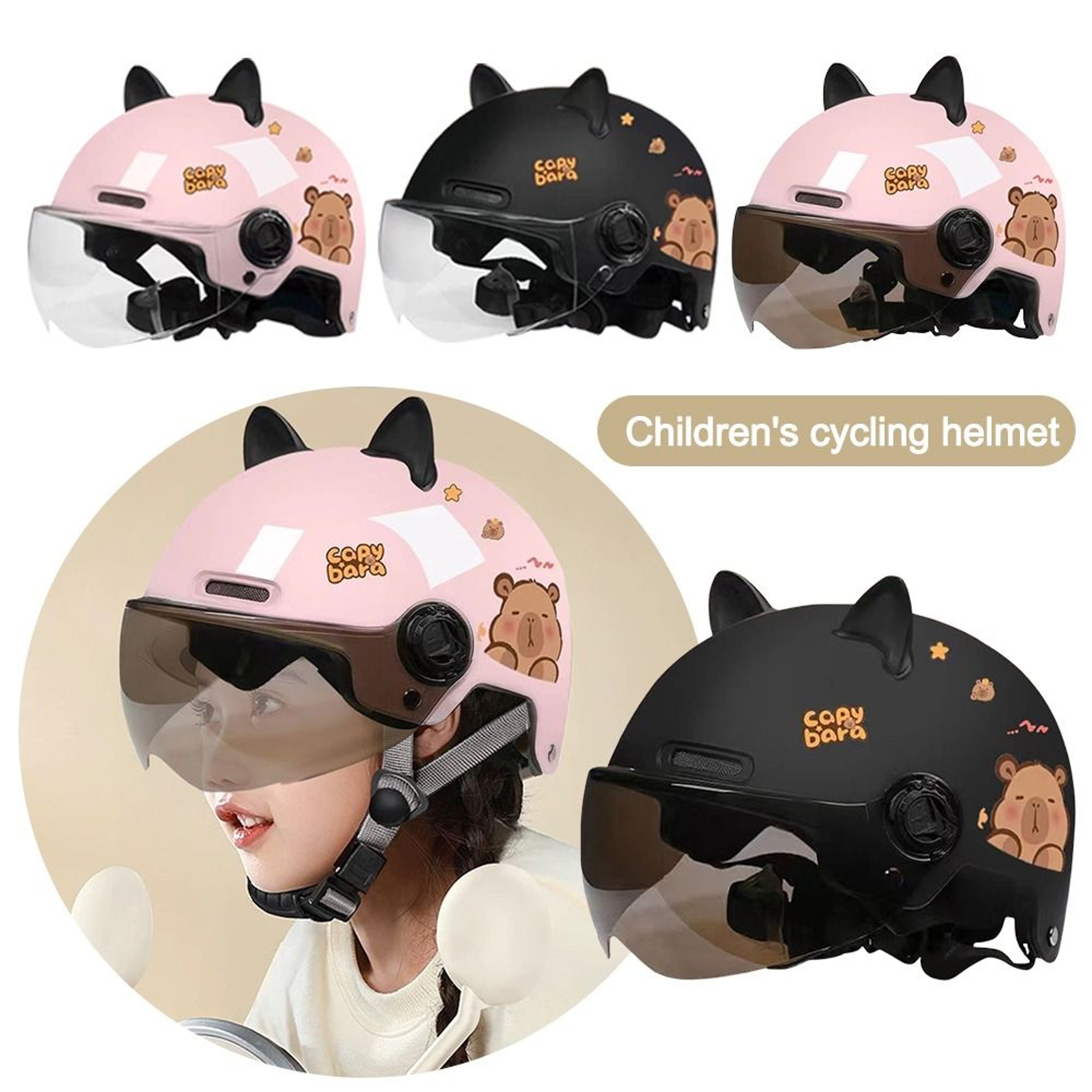 Breathable Sunscreen Motorcycle Half Helmet, Capybara Sticker Electric Bicycle Helmet with Cat Ears – view 5