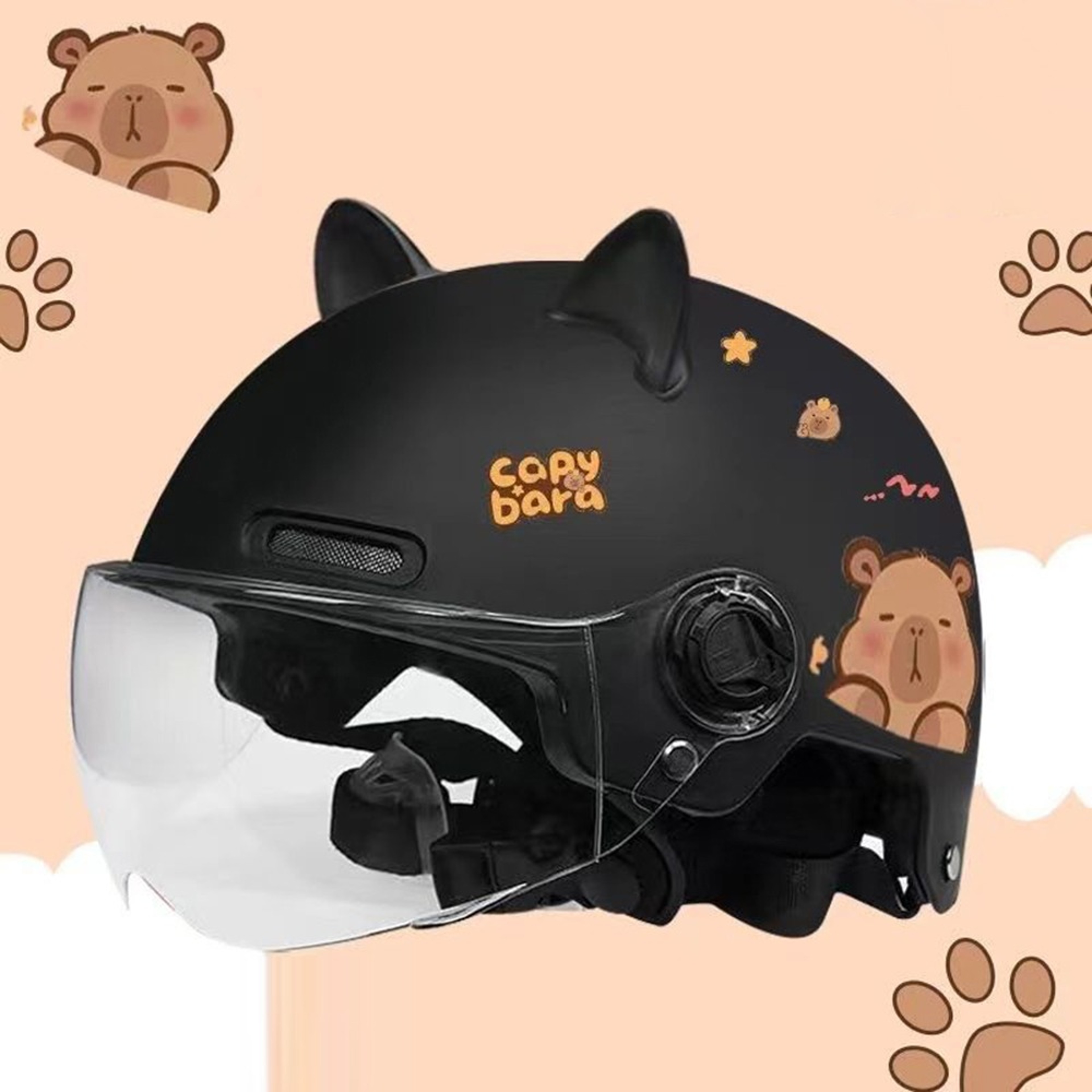 Breathable Sunscreen Motorcycle Half Helmet, Capybara Sticker Electric Bicycle Helmet with Cat Ears – view 7