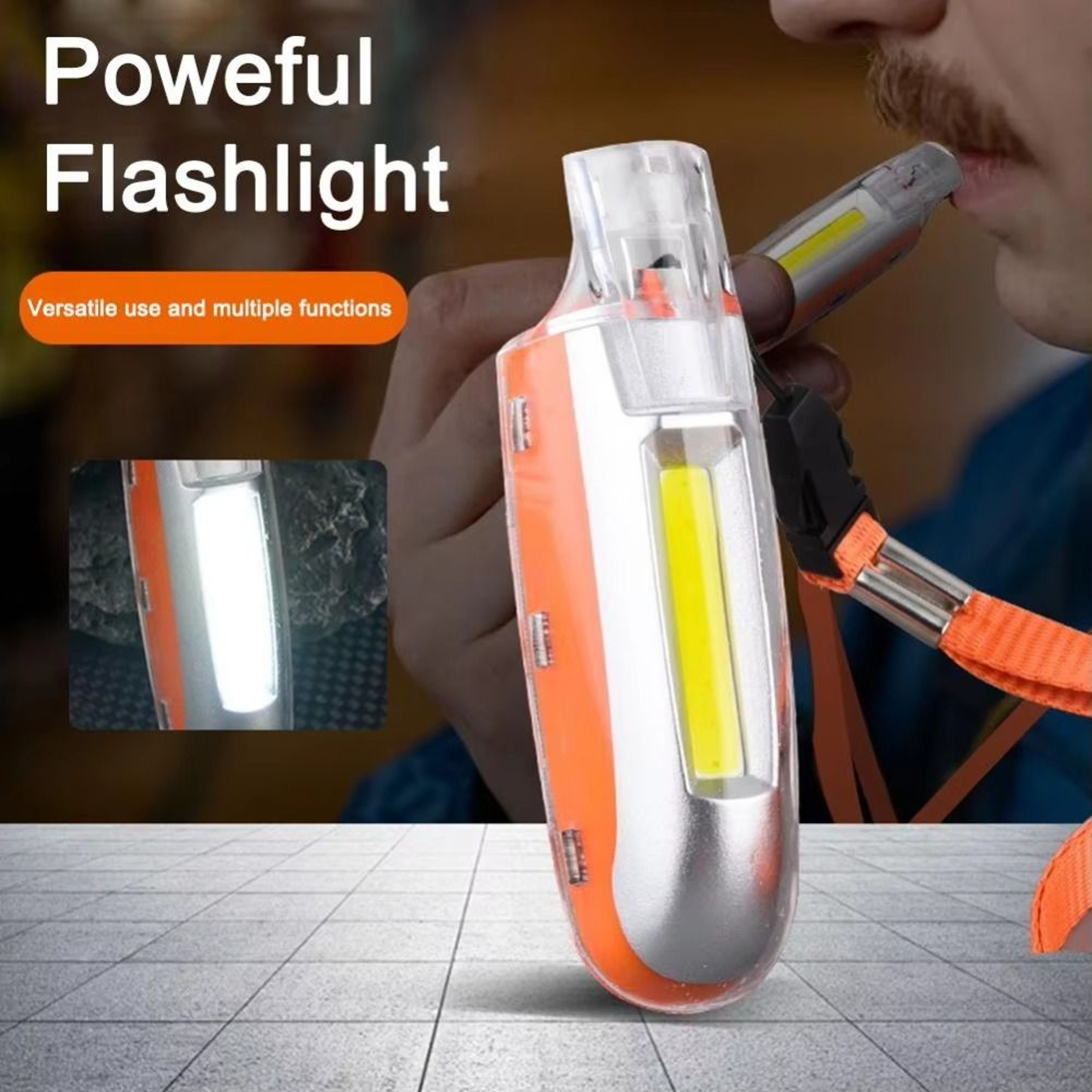 COB Flashlight with Lanyard, USB Rechargeable LED Whistle Light, Speeds Adjustment Emergency Torch – view 3