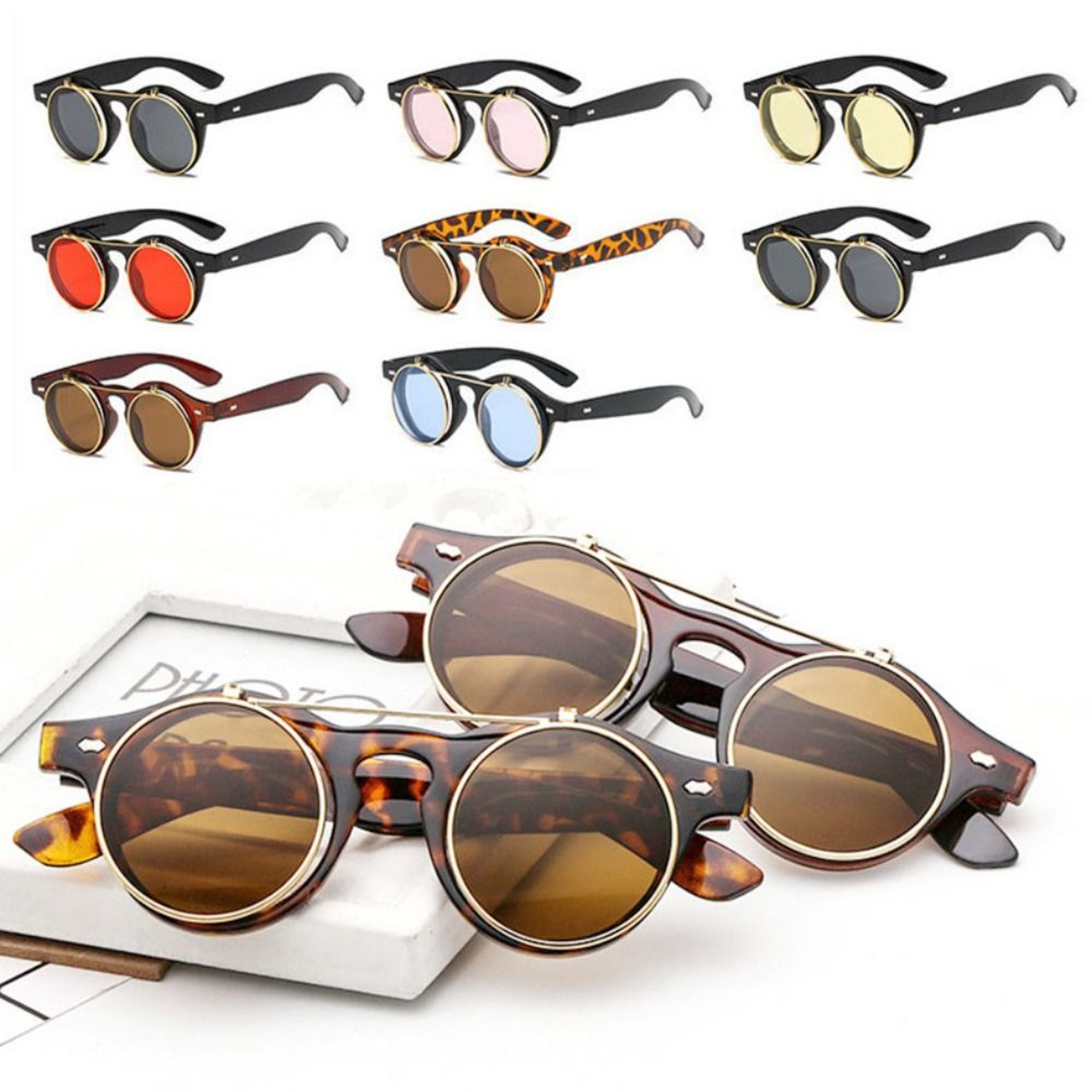 Sunglasses Punk Double Layer Driving Glasses Retro Round Frame Flip Cover 0