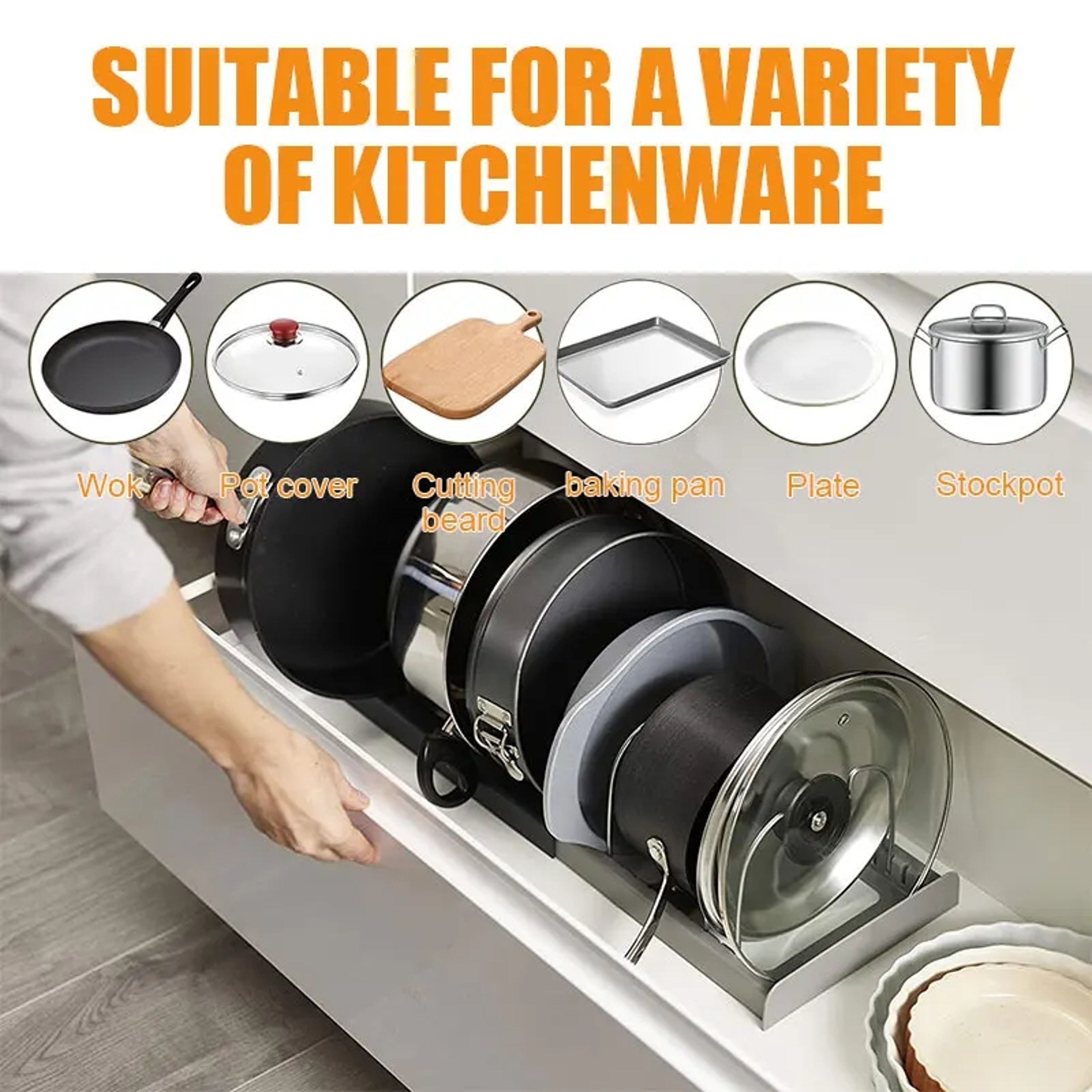 Kitchen Expandable Storage Rack Organizer, Stainless Steel Holder for Pans, Pots, Lids, Cutting Boards, Cookware – view 3