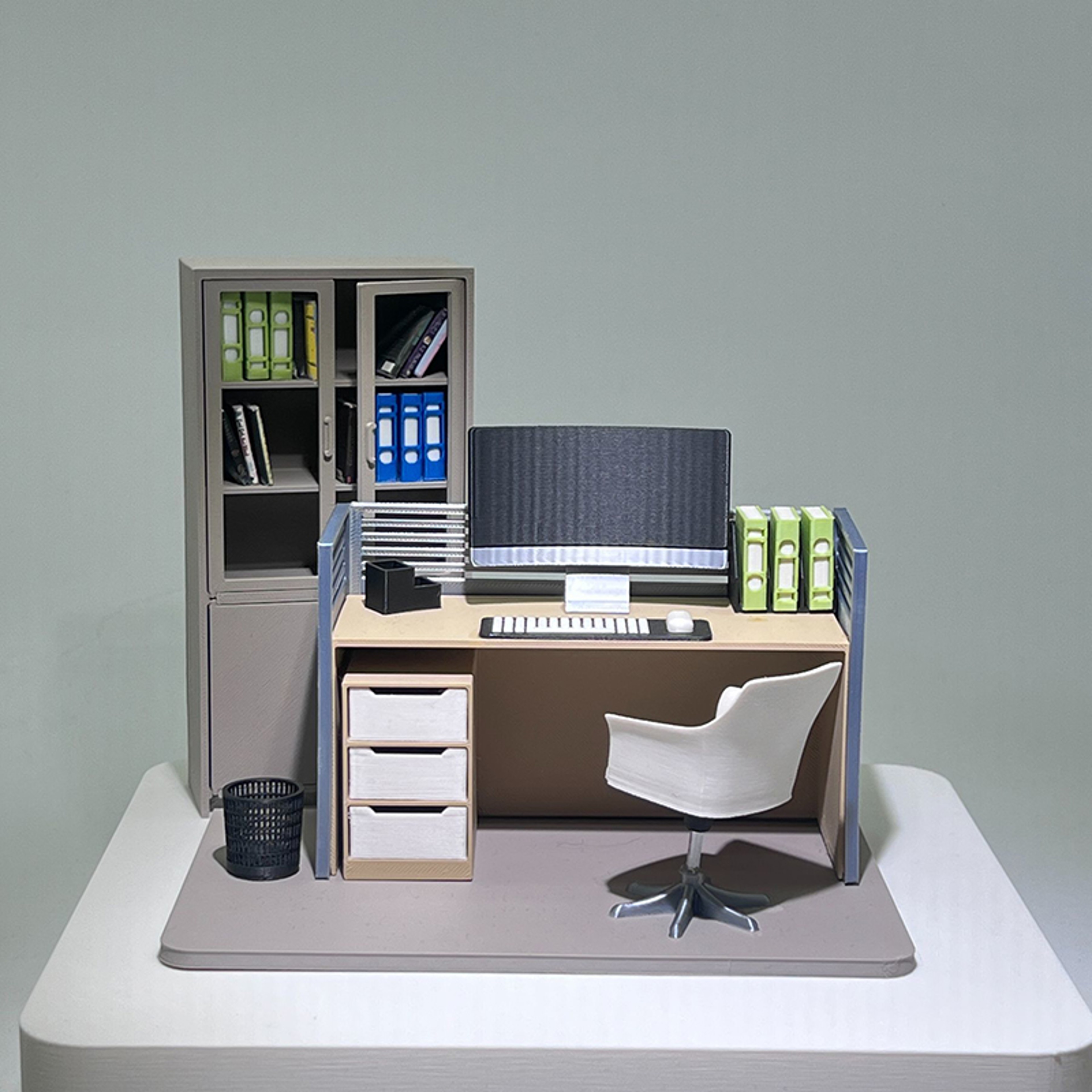 Filing Cabinet Computer Desk Chair Set Dollhouse Work Scene Model Miniature Office Home Decor 6