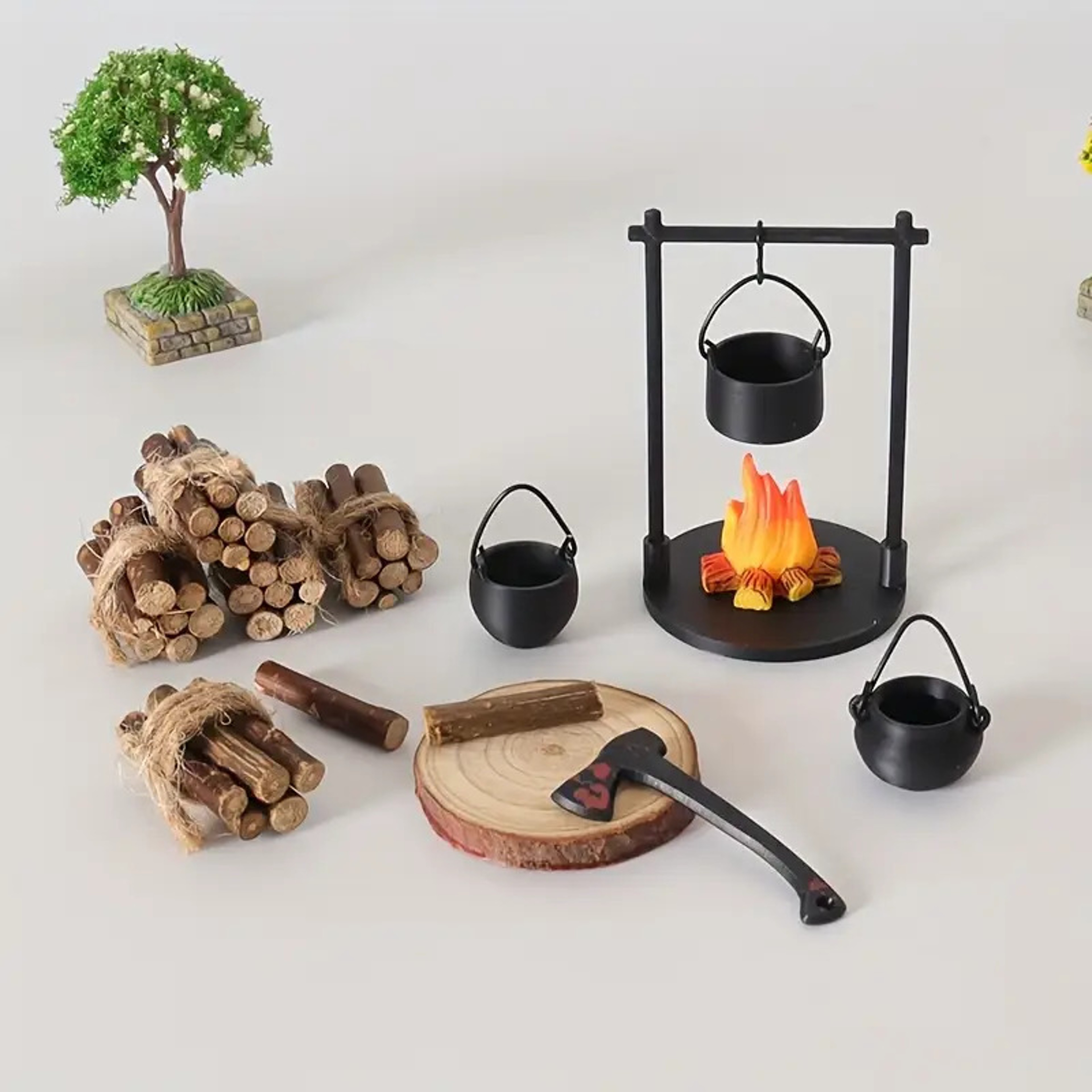 Mini Campfire and Teapot Statue Ornament for Home Decor, DIY Craft, Accessories, New Year Gifts, Desktop Photo Prop – view 1
