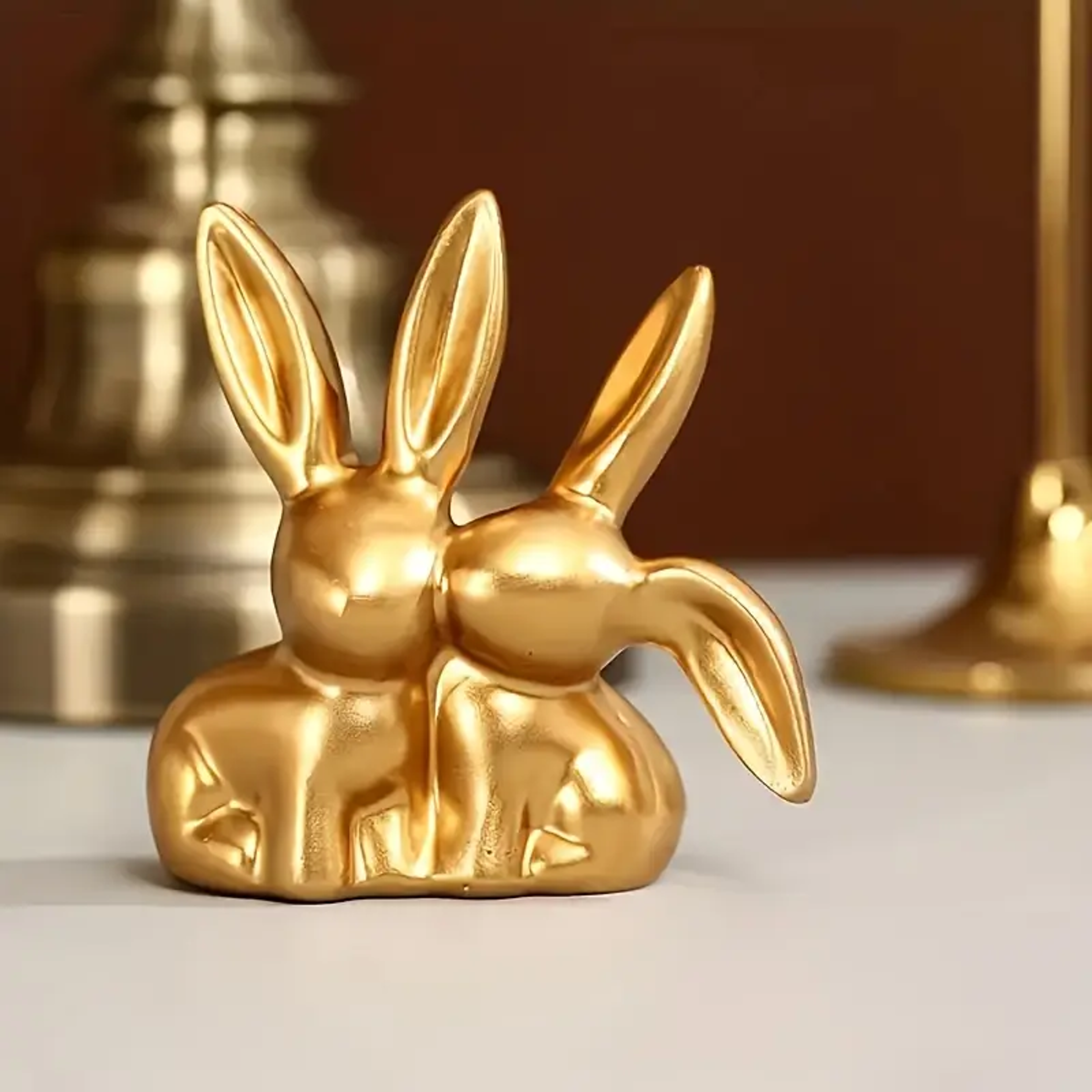 Collectible Figurine, Golden Cute Double Rabbit Ornament for Creative Home Desktop Decor – view 4