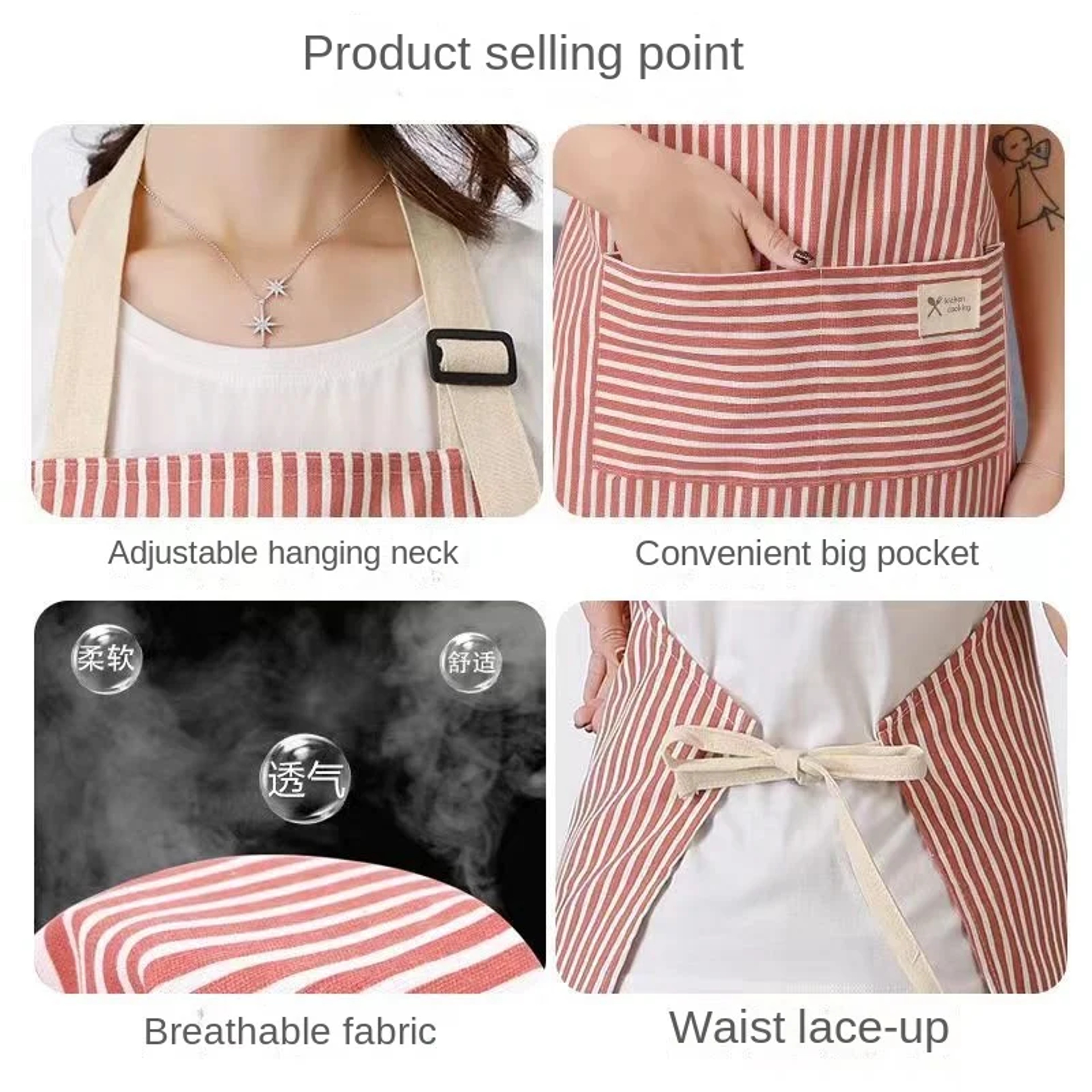 Striped Cotto Linen Apron with Cotton Waistband, Stain Oil Resistance Coffee Overalls for Kitchen – view 5