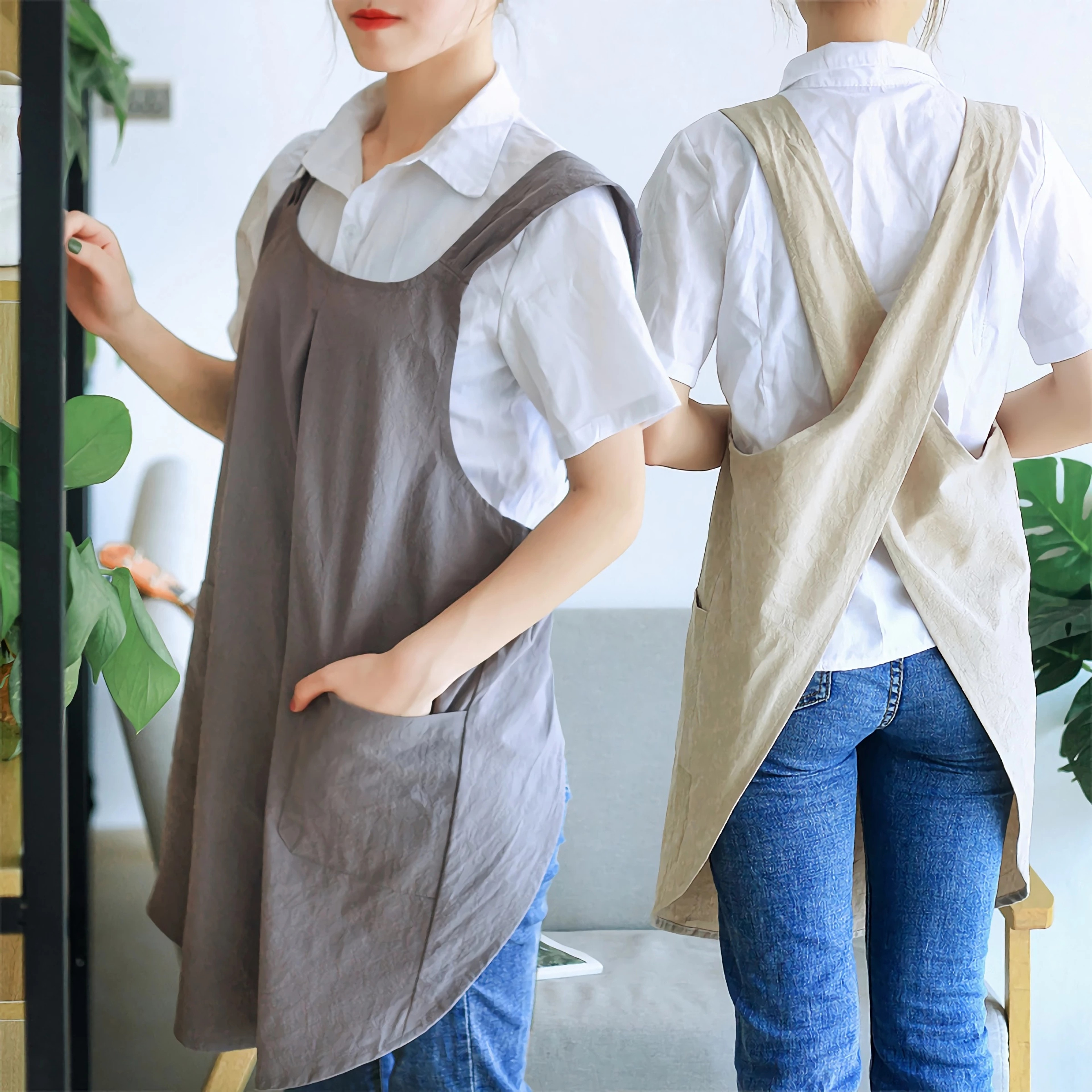 Cotton Linen Cross Back Apron For Women Korean Florist Dress Baking Wrap Solid Color Garden Apron 0