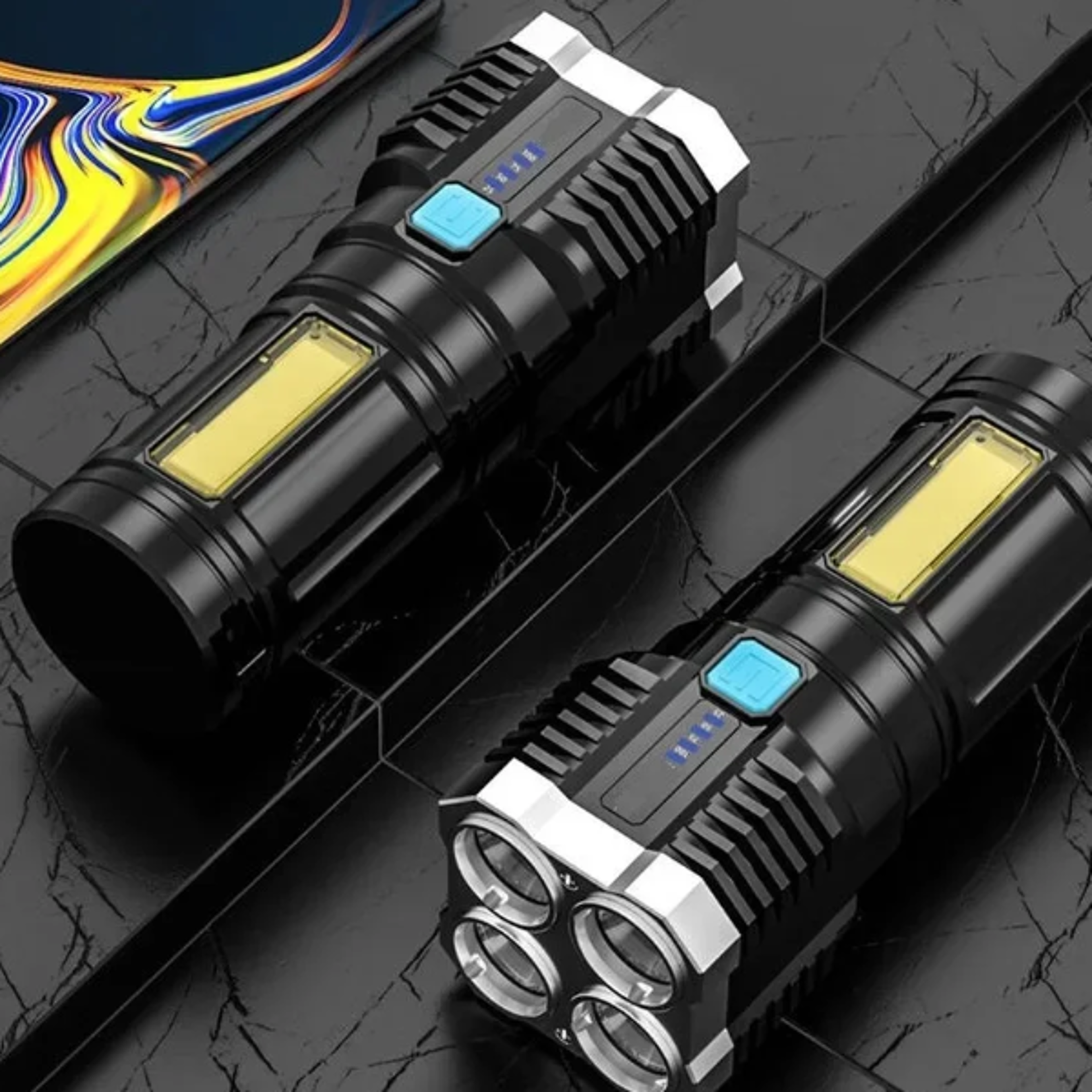 High Power LED Flashlights Camping Torch With 4 Lamp Beads And COB Side Light Rechargeable Portable
