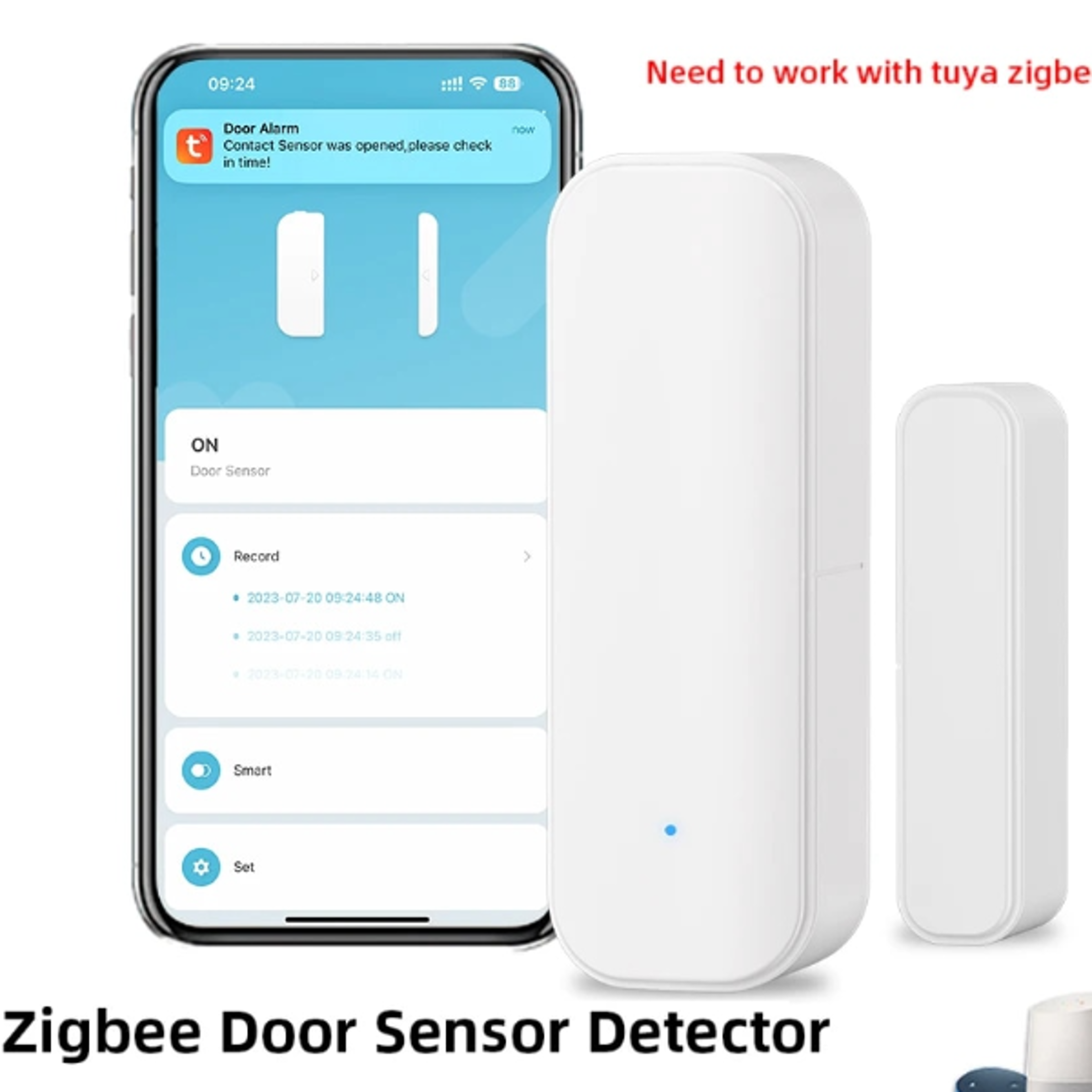 WiFi or Zigbee Window Door Sensor With Battery Smart Home Security Alarm System Voice Control Via A