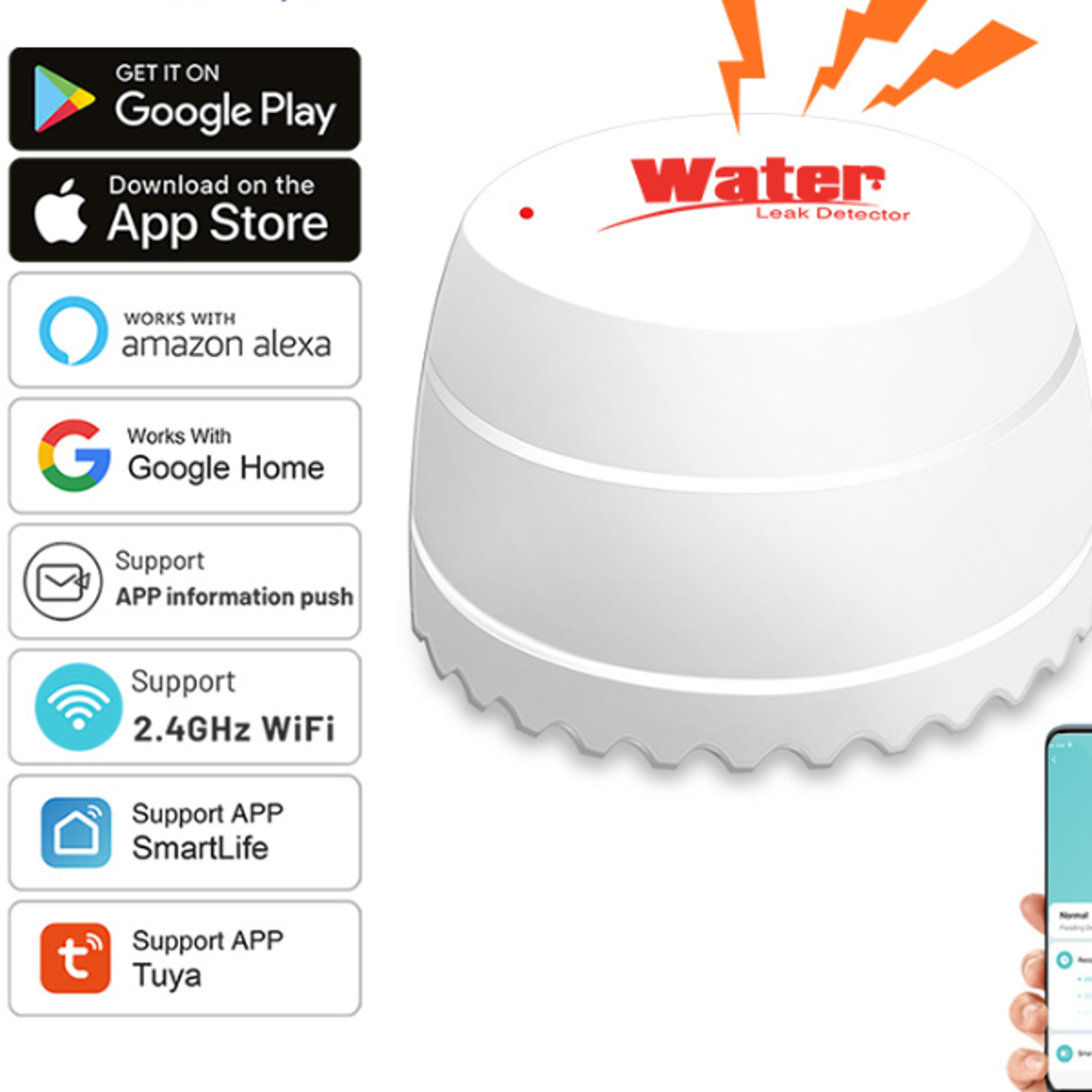 Tuya WiFi Water Leak Detector Flood Sensor Smart Life APP Remote Monitoring Flood Alert Overflow Sec