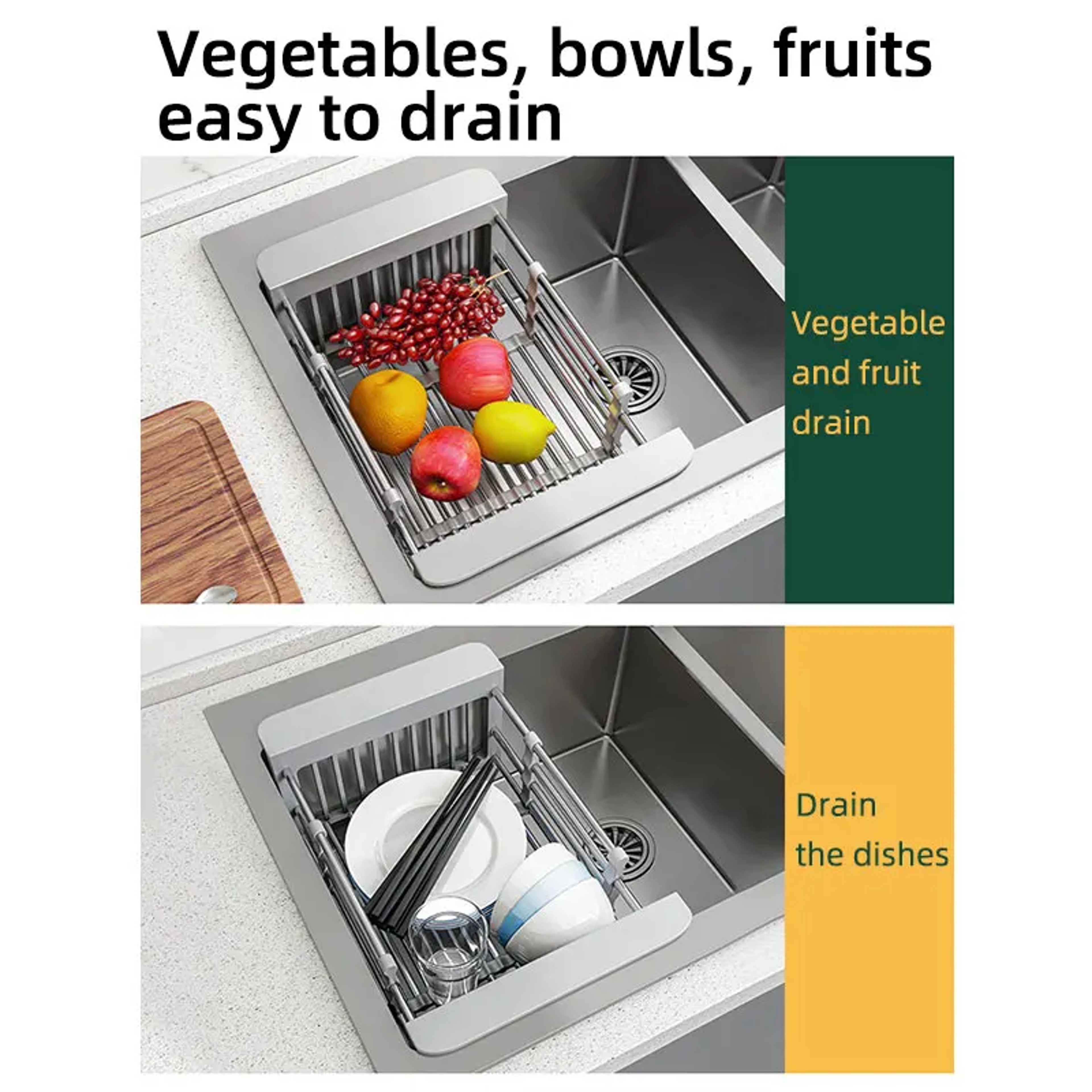 SpaceSaving Folding Kitchen Sink Drain Rack  Stainless Steel Dish Organizer 2