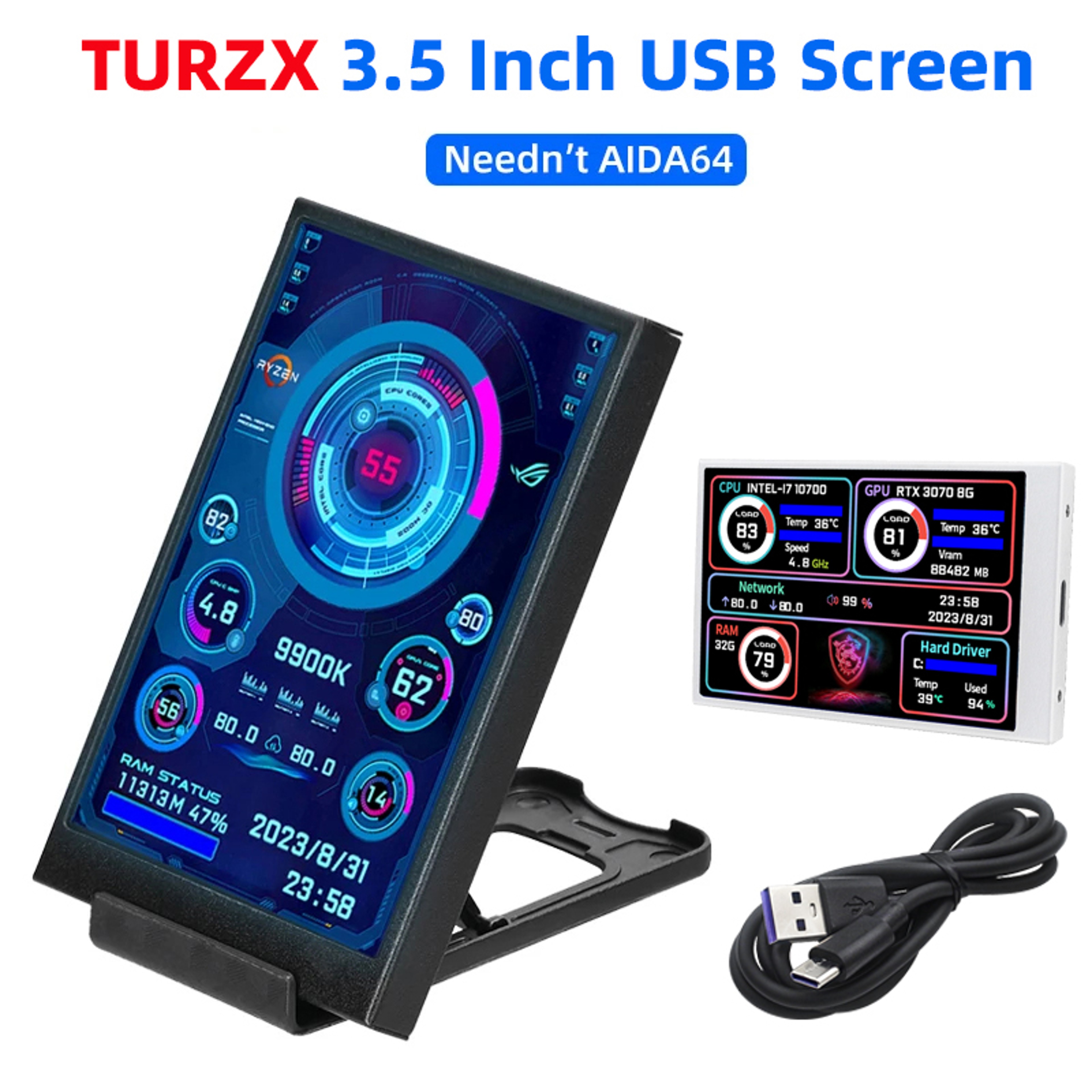 USB LCD Secondary Screen For Computer  CPU GPU RAM HDD Display Freely Adjustable Monitor 0
