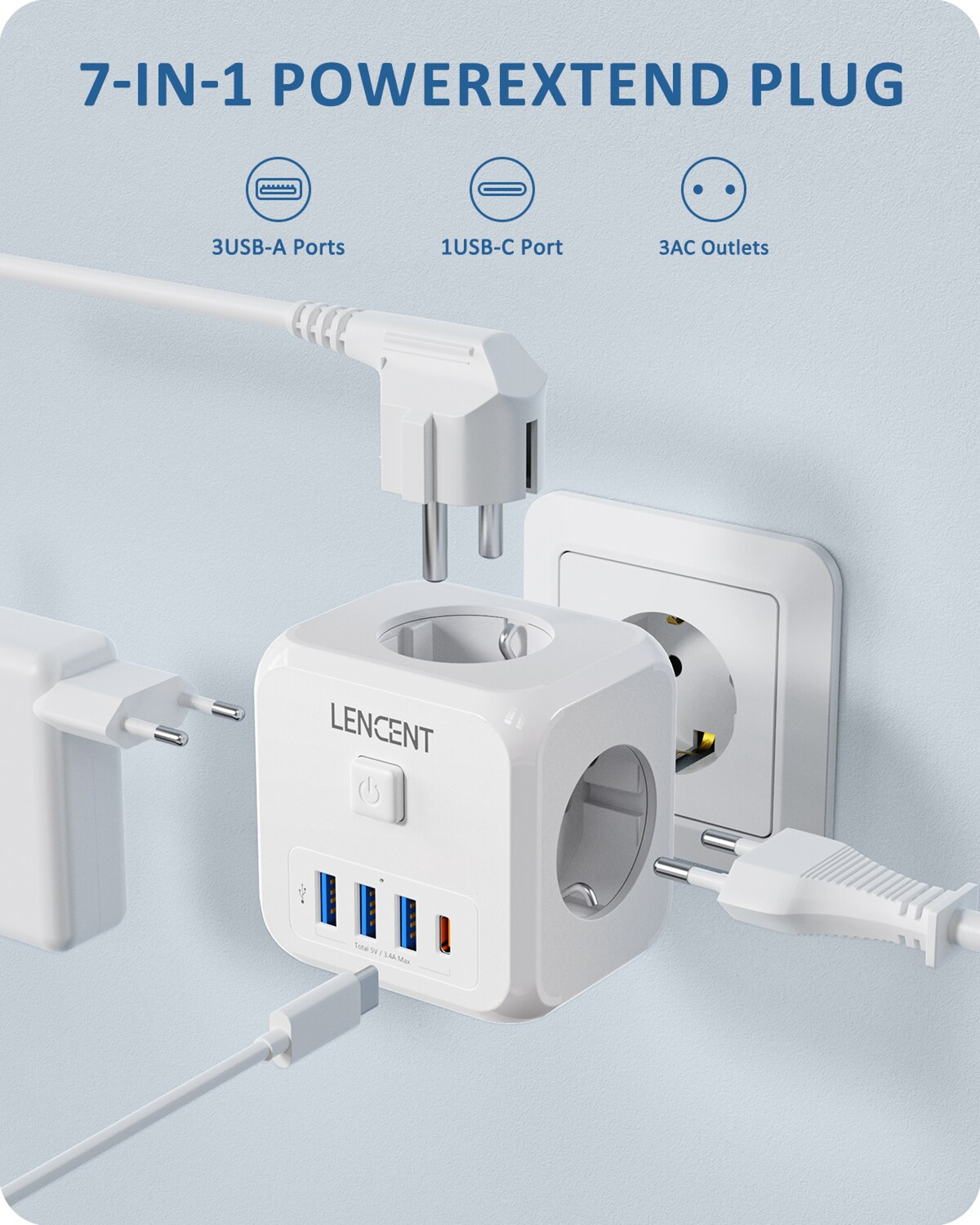 Wall Socket Extender With USB Ports And Type C Charger OnOff Switch For Home 1