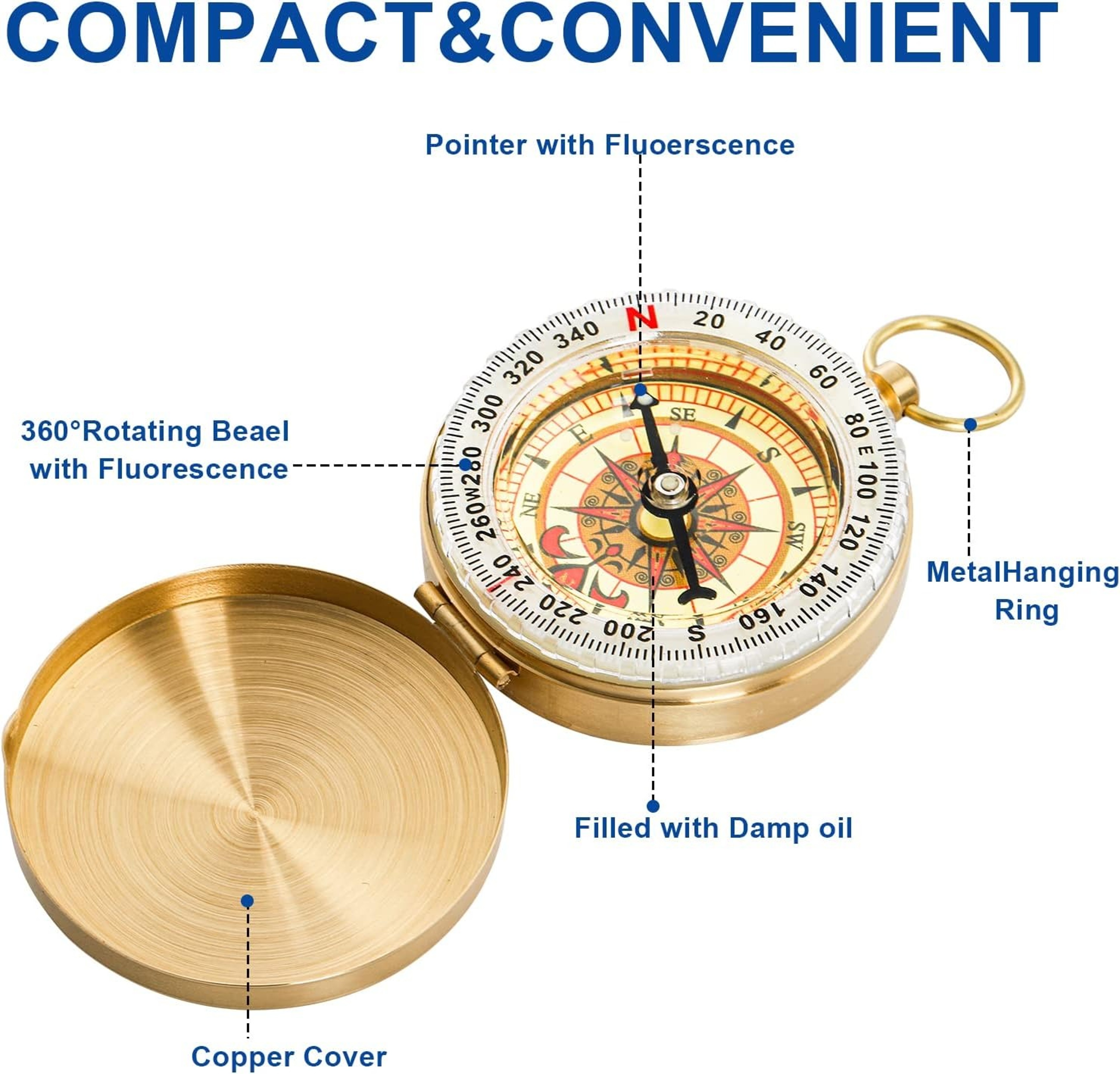 Luminous Copper Survival Compass  Essential Tool for Camping & Hiking Adventures – view 2