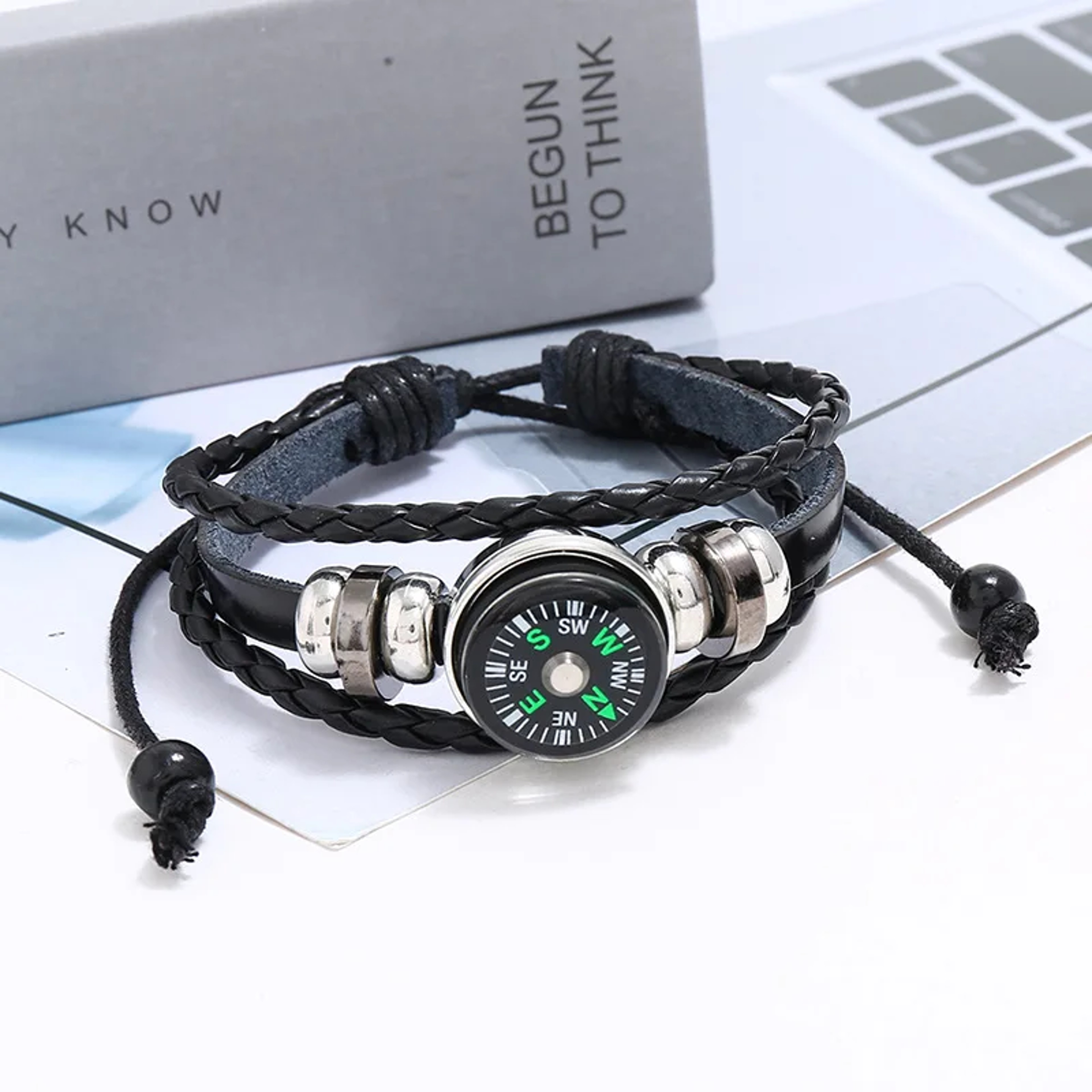 Beaded Cowhide Leather Bracelet with Compass  Perfect for Outdoor Adventures – view 4