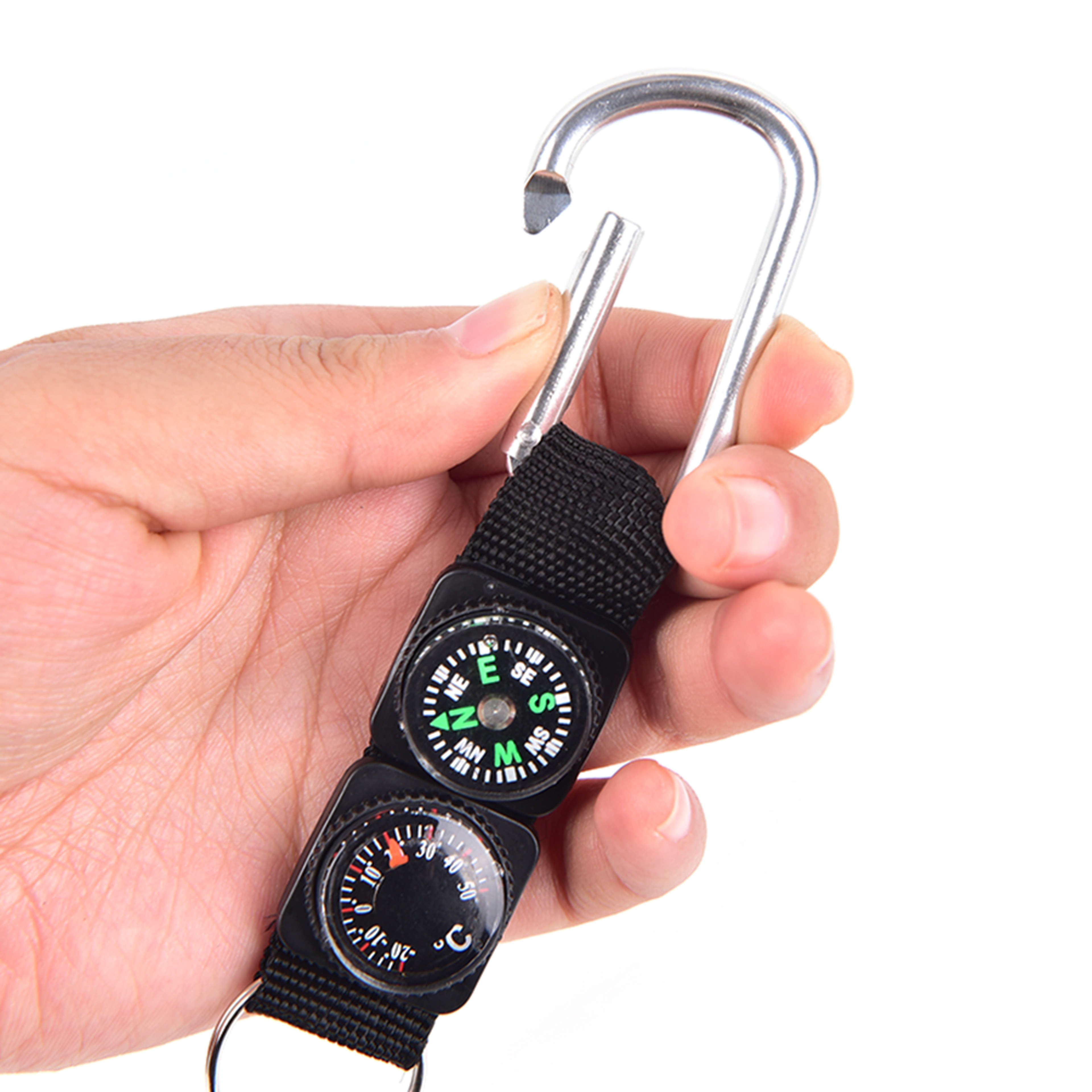 Mini Survival Carabiner Clip with Compass Thermometer Keychain for Hiking Camping Gear – view 1