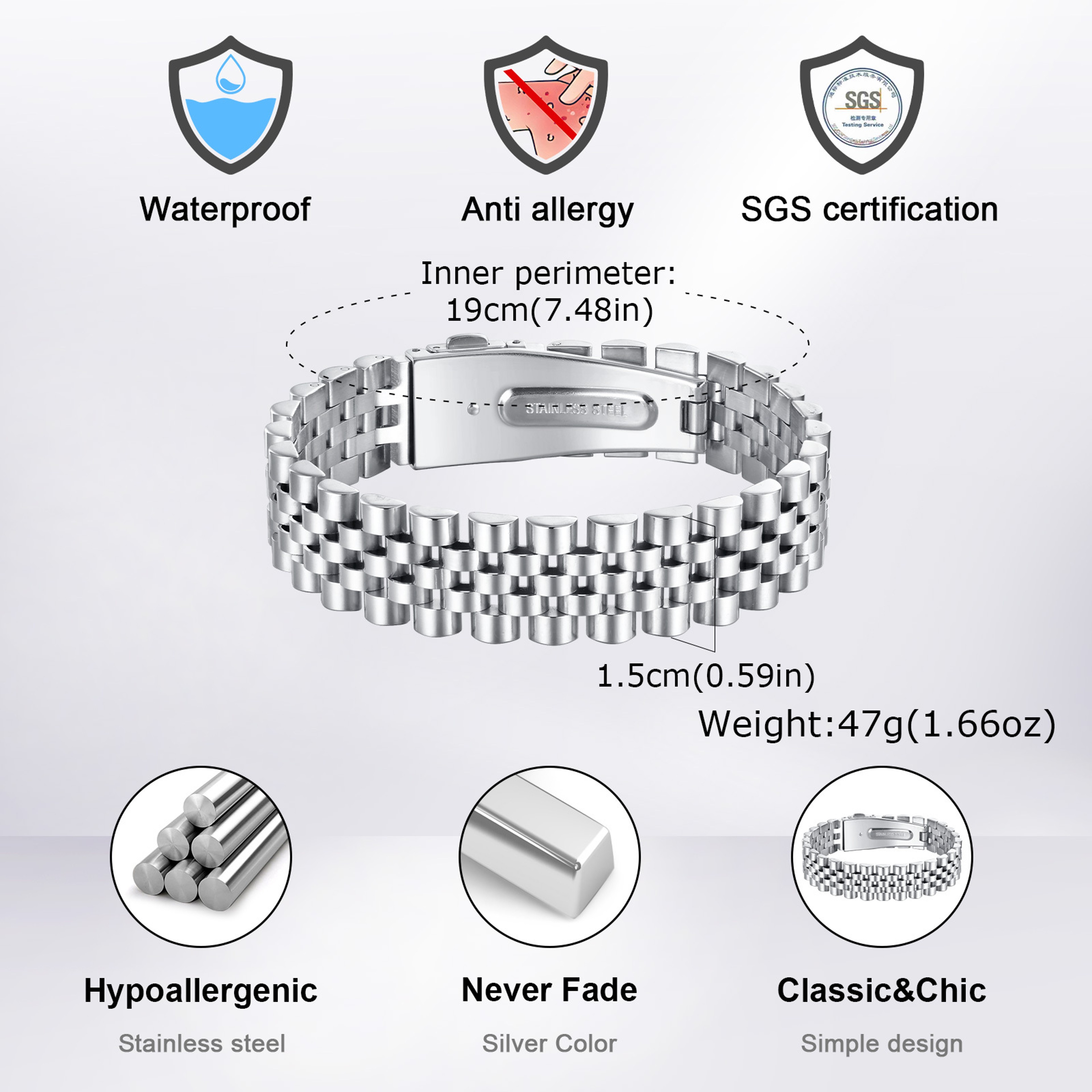 Magnetic Stainless Steel Watch Band Bracelet for Men Adjustable Chunky Link Wristband Jewelry Gift – view 6