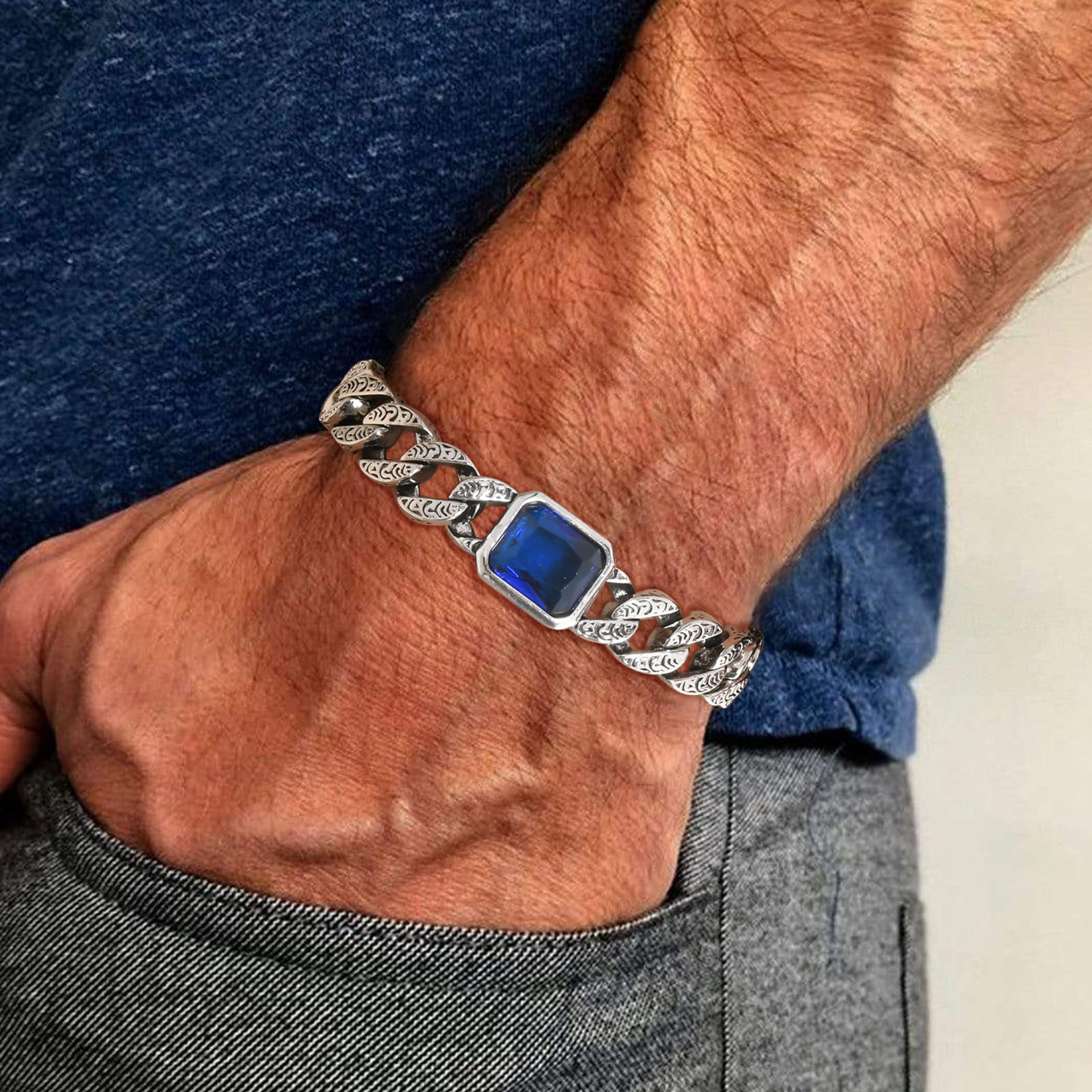 Chunky Cuban Chain Bracelet for Men Stainless Steel Cuban Link Wristband with Blue Stone – view 1