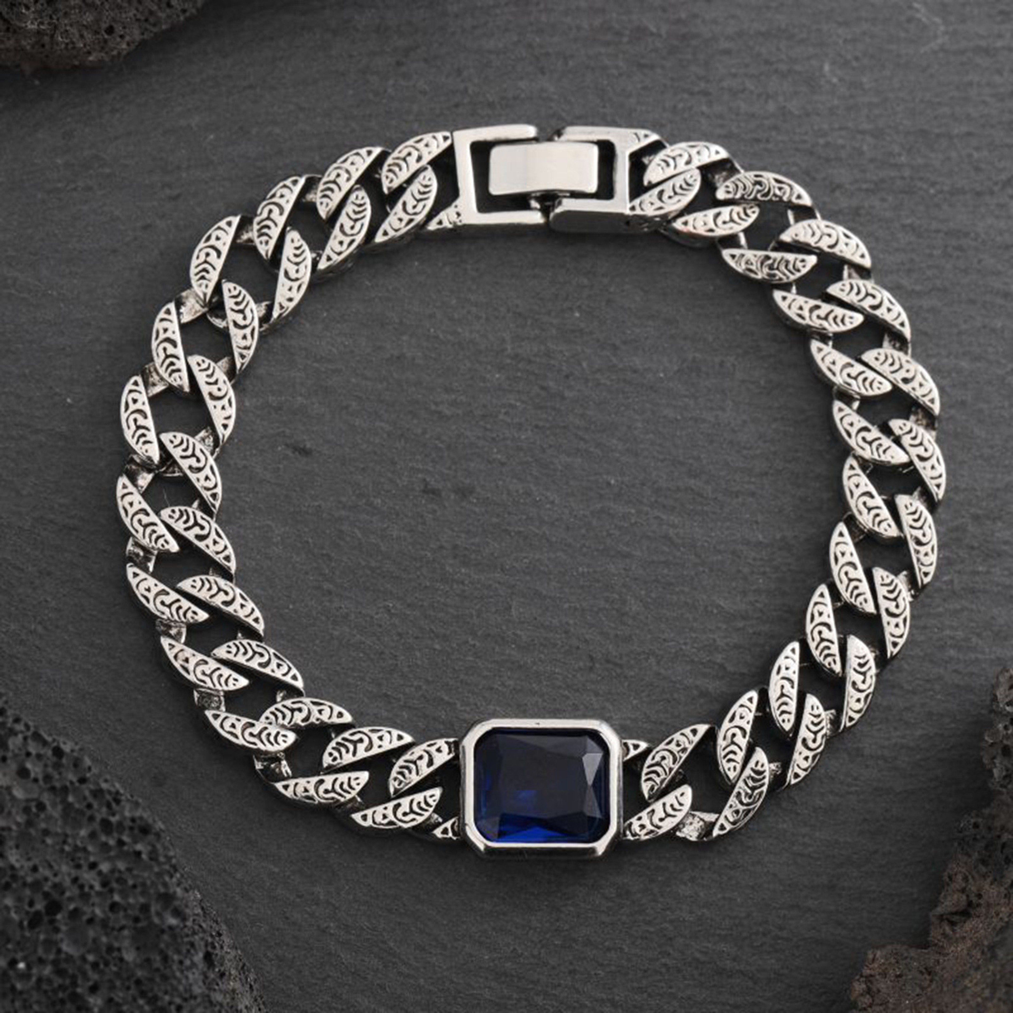 Chunky Cuban Chain Bracelet for Men Stainless Steel Cuban Link Wristband with Blue Stone – view 4