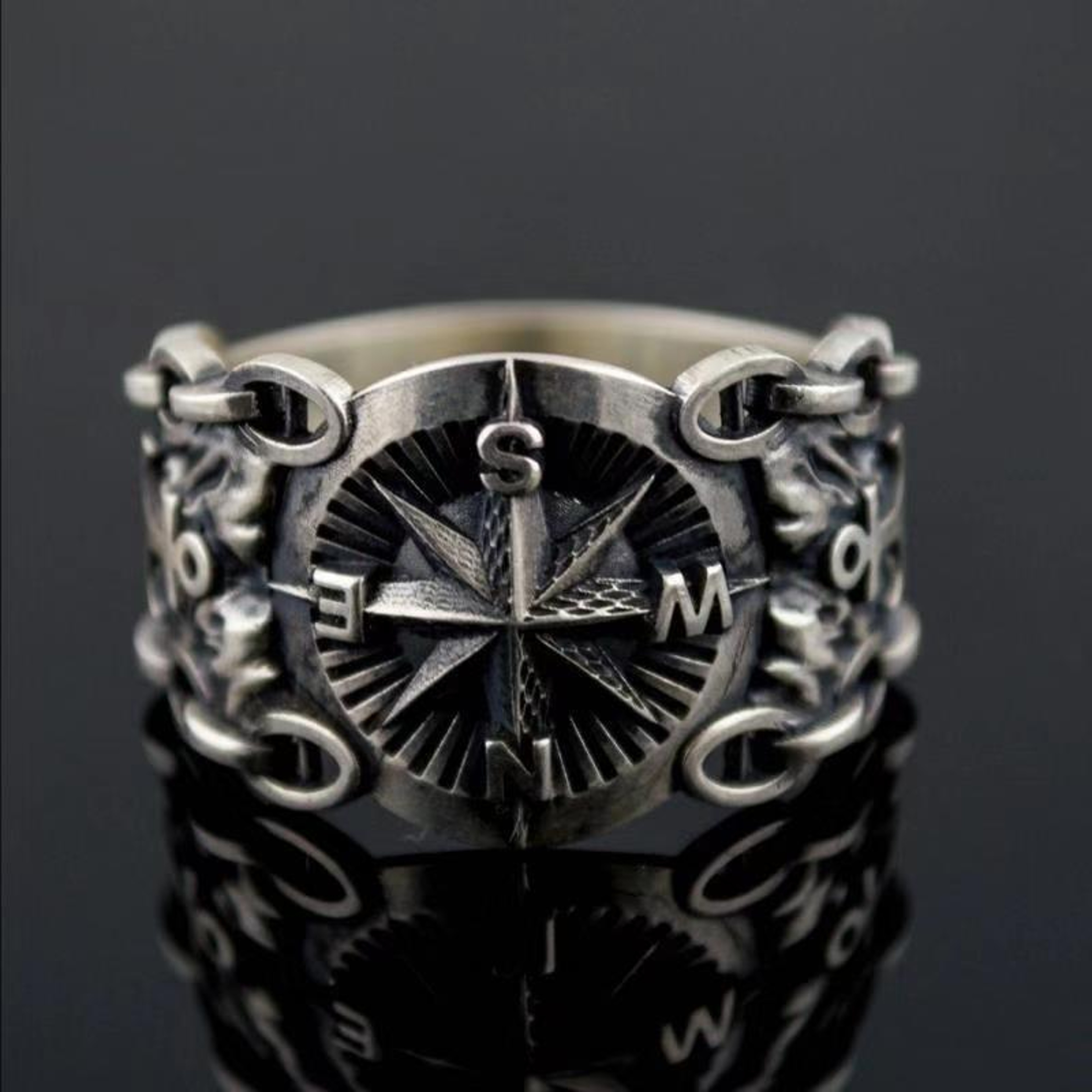 Viking Compass Ring Nordic Amulet Jewelry, Pirate Rune Stainless Steel Ring for Men and Women – view 1
